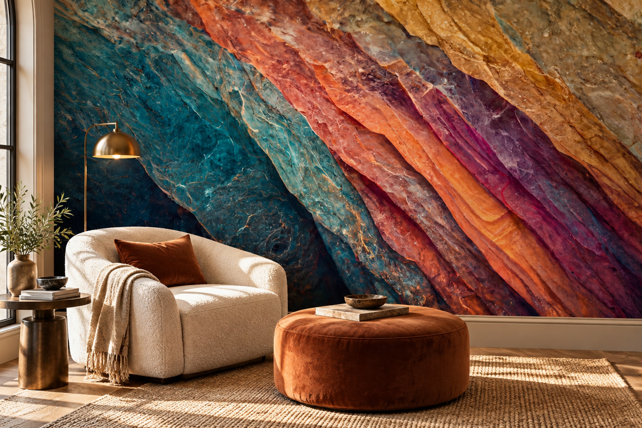 Teal And Rust Layered Stone Wallpaper Mural — Wallpaper Mural Design, Peel-and-stick Finish