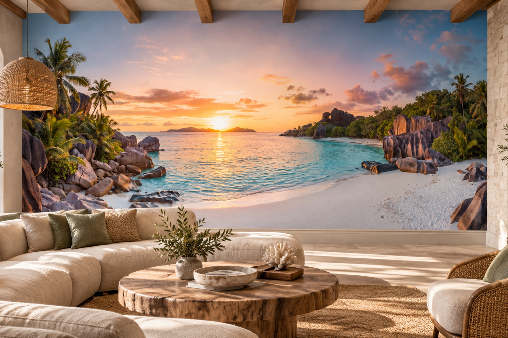 Tropical Sunset Cove With Palm Trees Wallpaper Mural — Wallpaper Mural Design, Peel-and-stick Finish