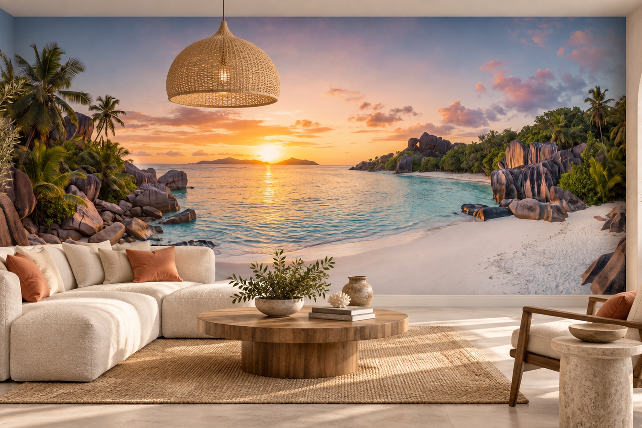 Peach Beach Scenic Wallpaper Mural Living-room-wallpaper-murals, Shown In A Living Room, Peel-and-stick Finish