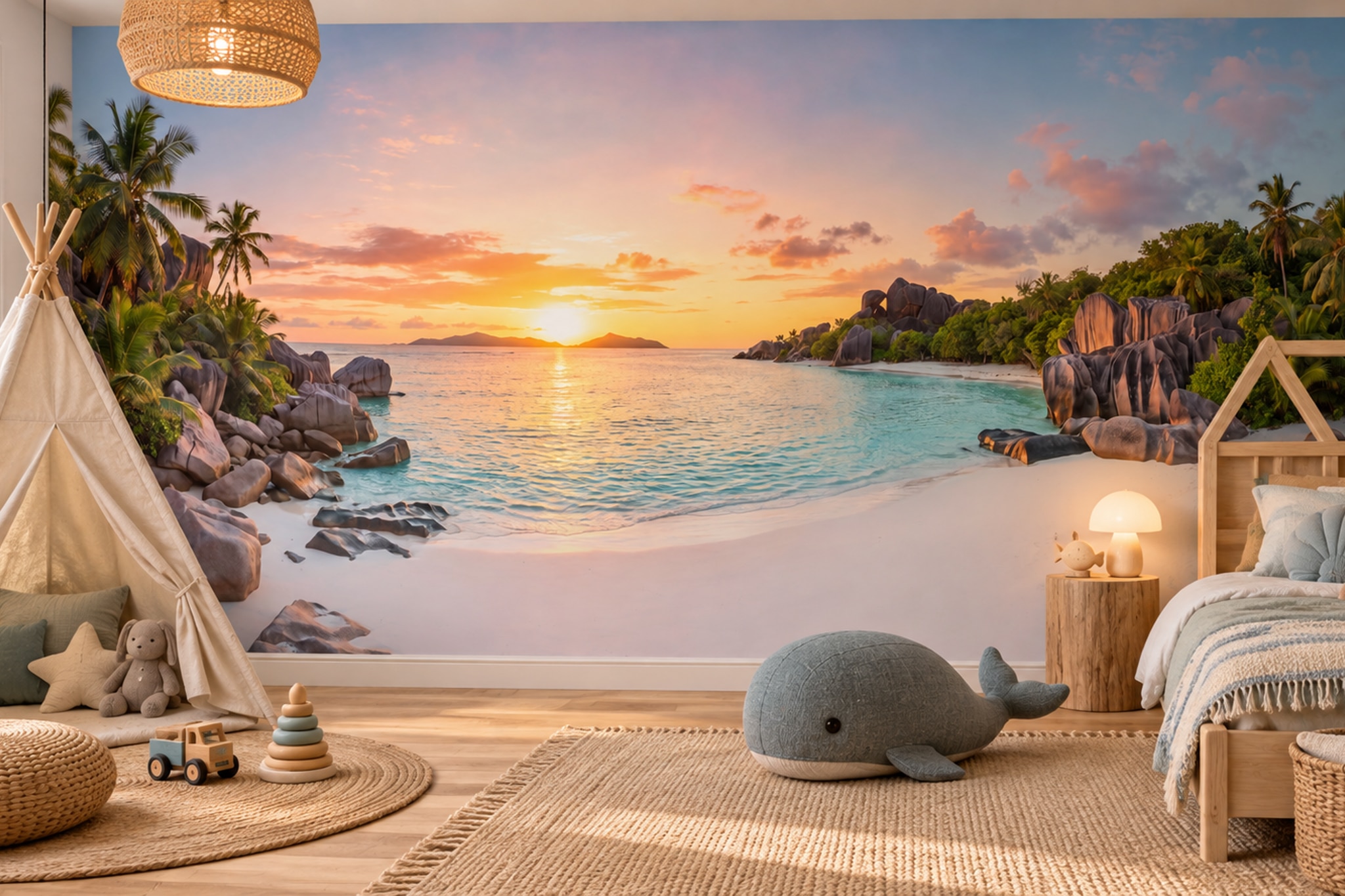 Peach Beach Scenic Wallpaper Mural Bedroom-wallpaper-murals, Peel-and-stick Finish