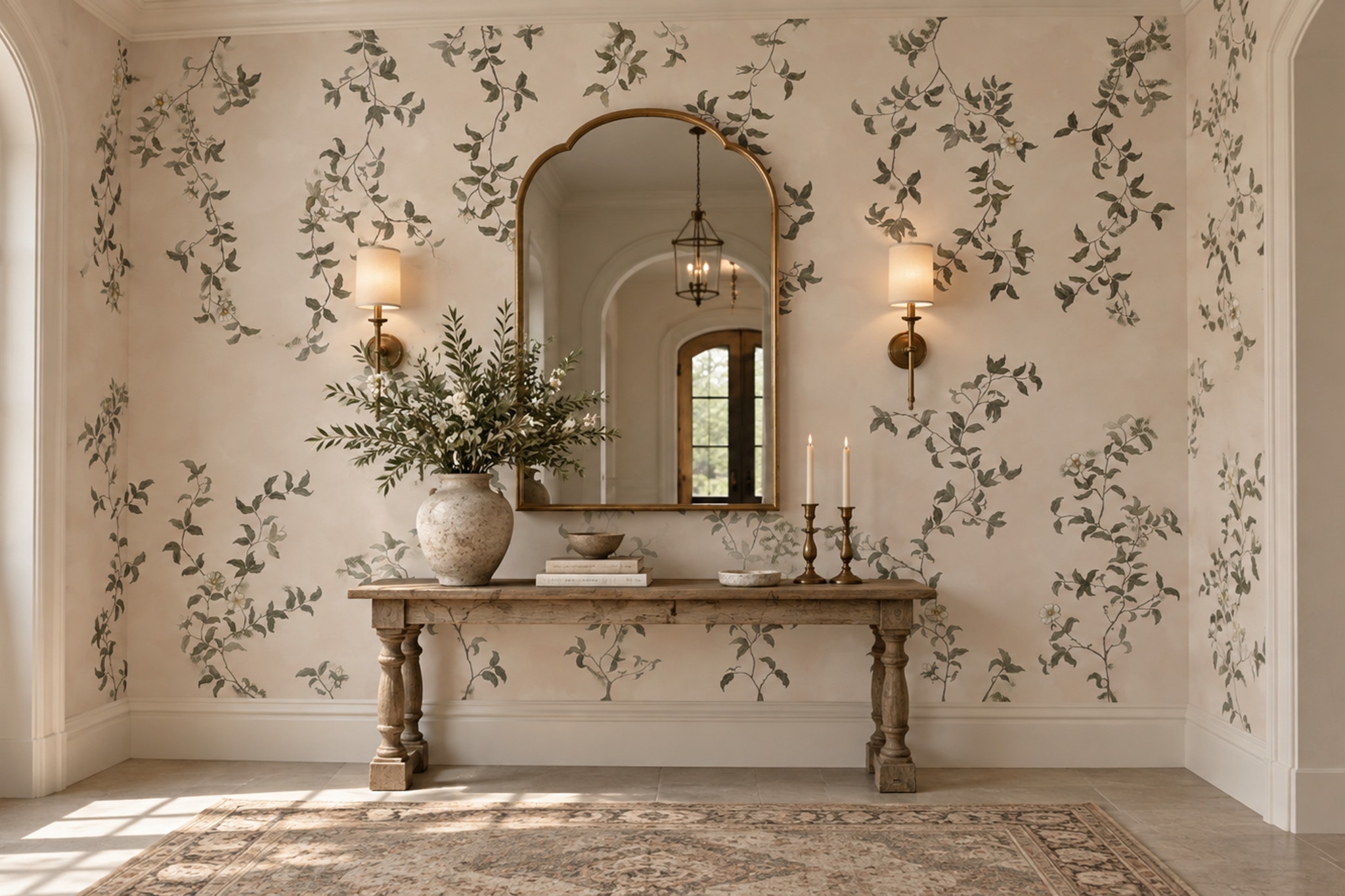 Beige Vine Botanical Wallpaper Mural Entryway-wallpaper-murals, Peel-and-stick Finish