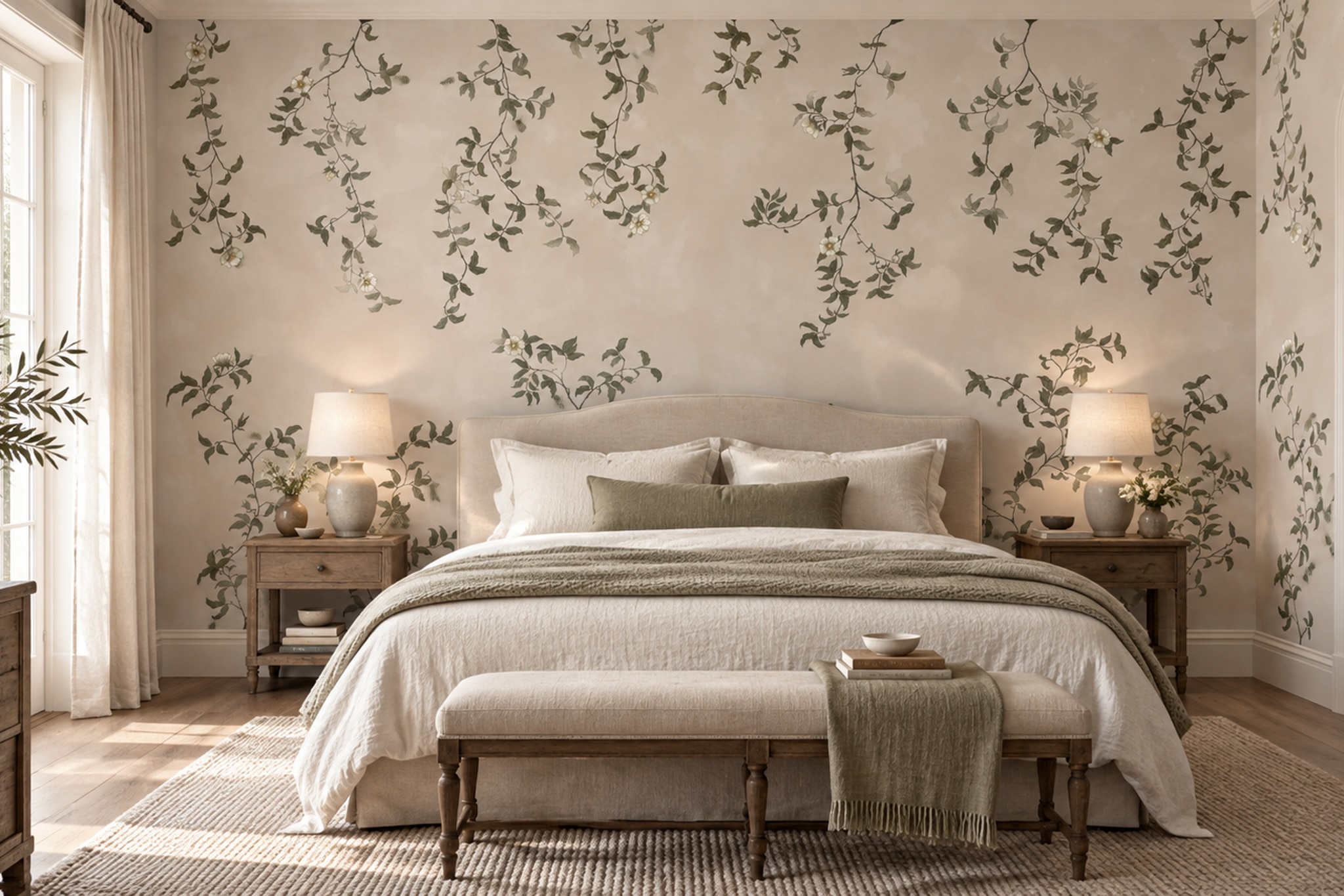 White Blossom Climbing Vines On Blush Beige Wallpaper Mural — Installed Wallpaper Mural In A Bedroom, Peel-and-stick Finish