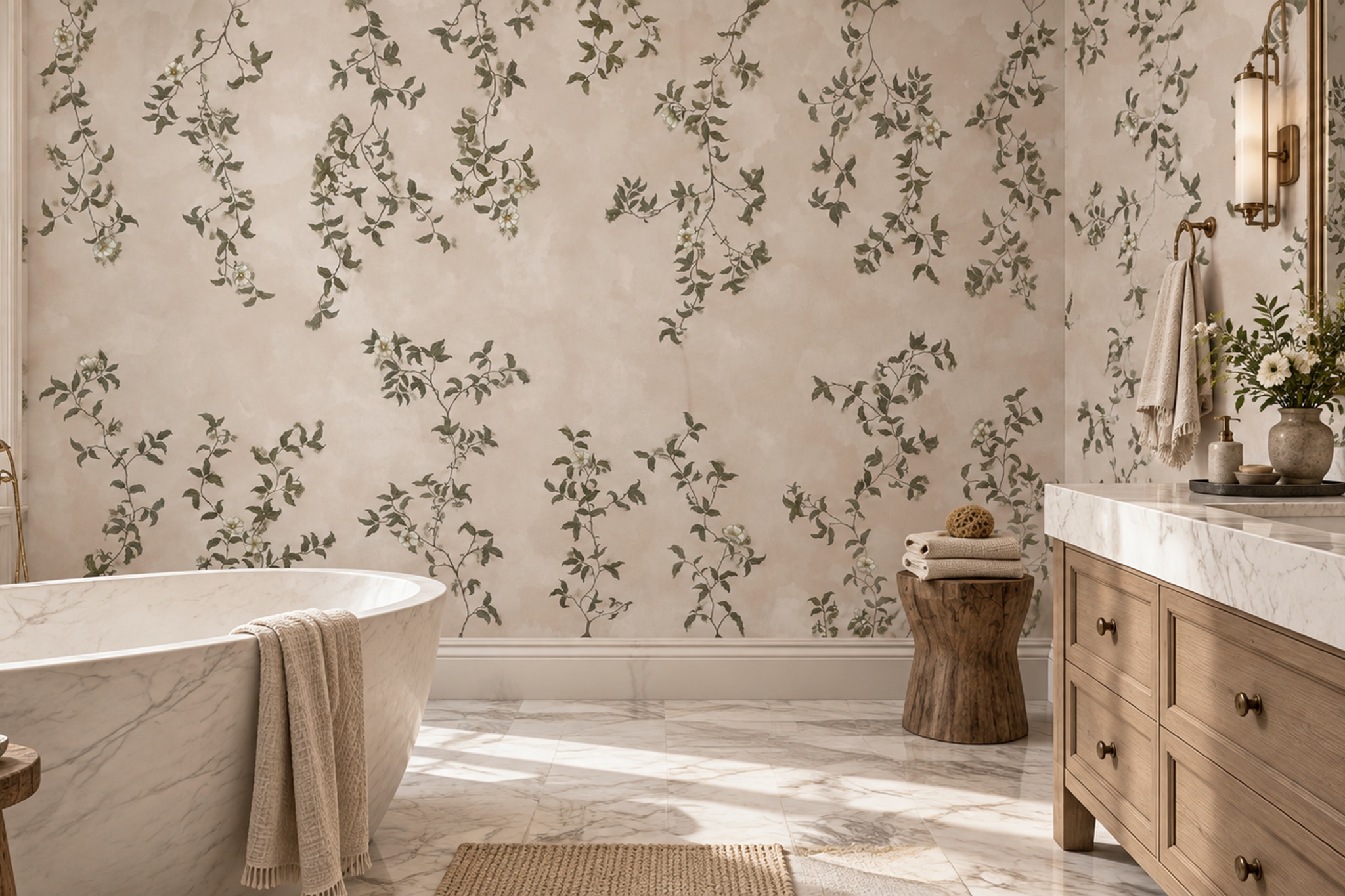 Beige Vine Botanical Wallpaper Mural Bedroom-wallpaper-murals, Peel-and-stick Finish