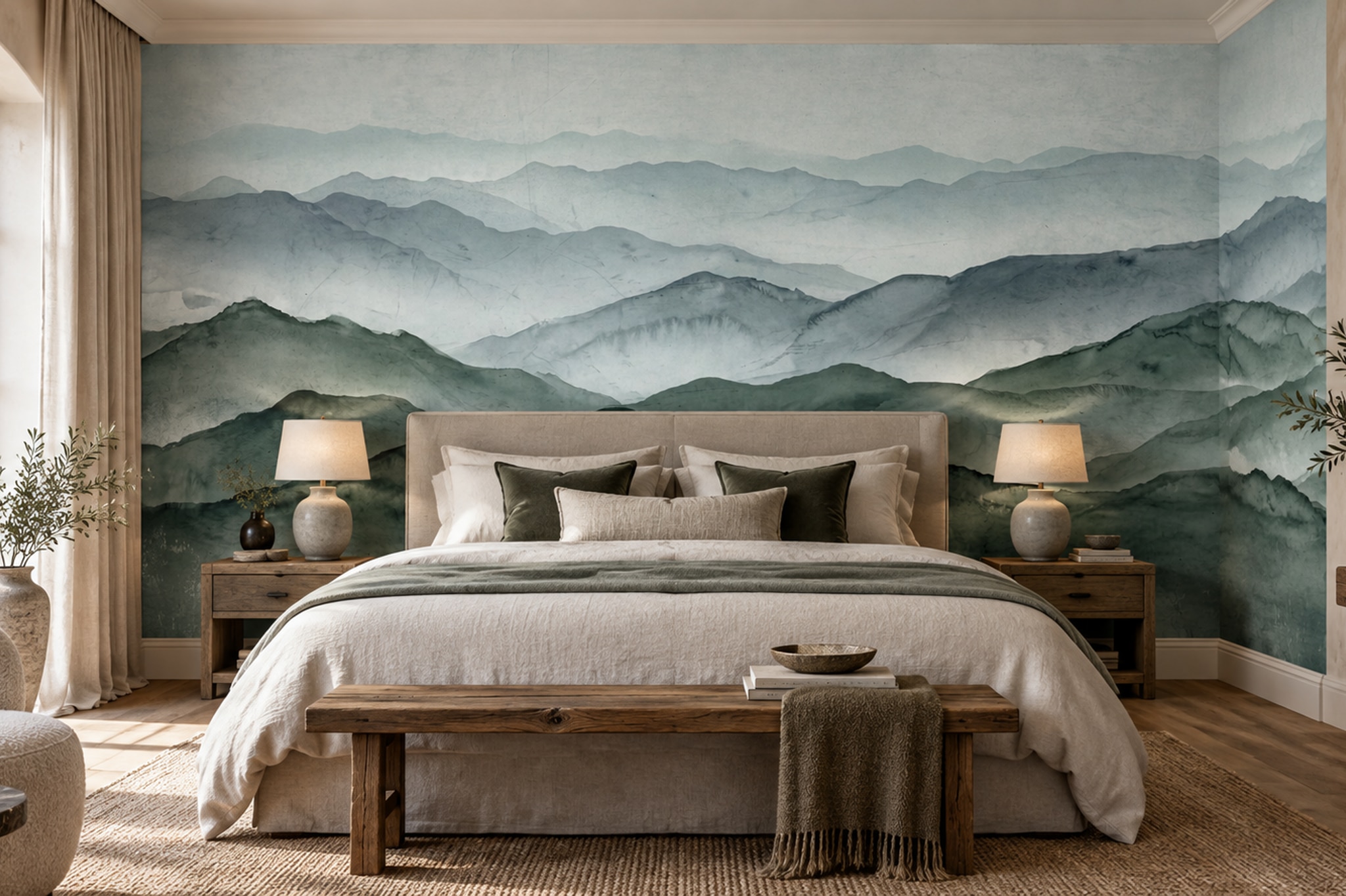 Misty Mountain Ranges In Sage And Slate Wallpaper Mural — Installed Wallpaper Mural In A Bedroom, Peel-and-stick Finish