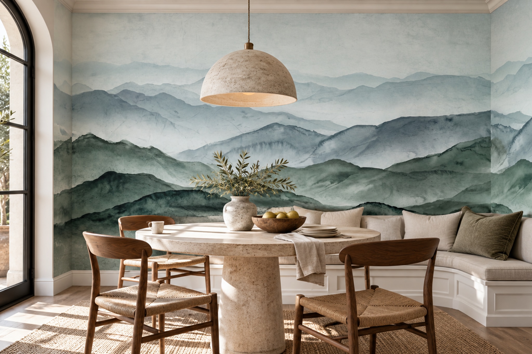 Green Mountain Scenic Textured Wallpaper Mural Dining-room-wallpaper-murals, Shown In A Dining Room, Peel-and-stick Finish