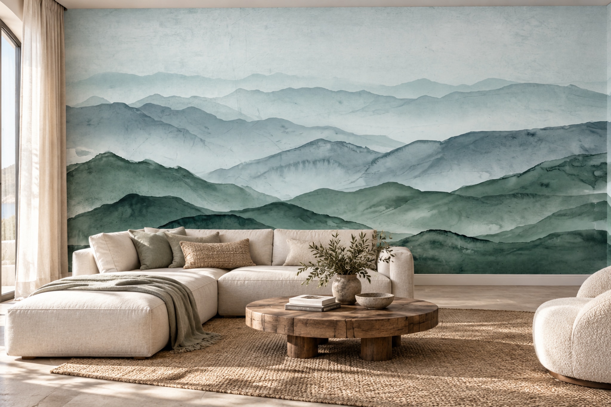 Green Mountain Scenic Textured Wallpaper Mural Accent-wall-wallpaper-murals, Peel-and-stick Finish