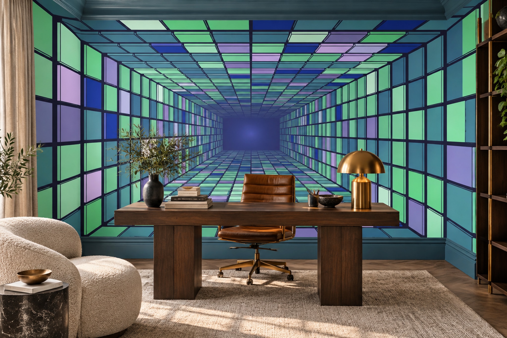 Teal Pattern Decorative Wallpaper Mural Layered Layered Wallpaper Mural Living-room-wallpaper-murals, Shown In A Living Room, Peel-and-stick Finish