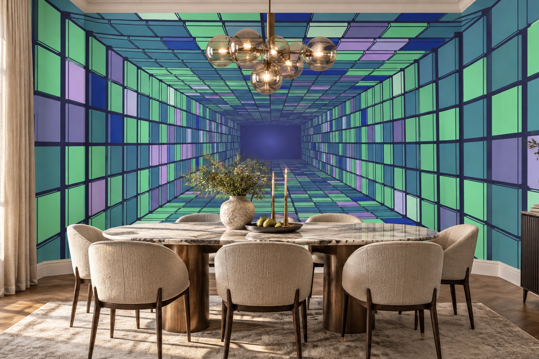 Teal And Purple Optical Tunnel Grid Wallpaper Mural — Wallpaper Mural Design, Peel-and-stick Finish