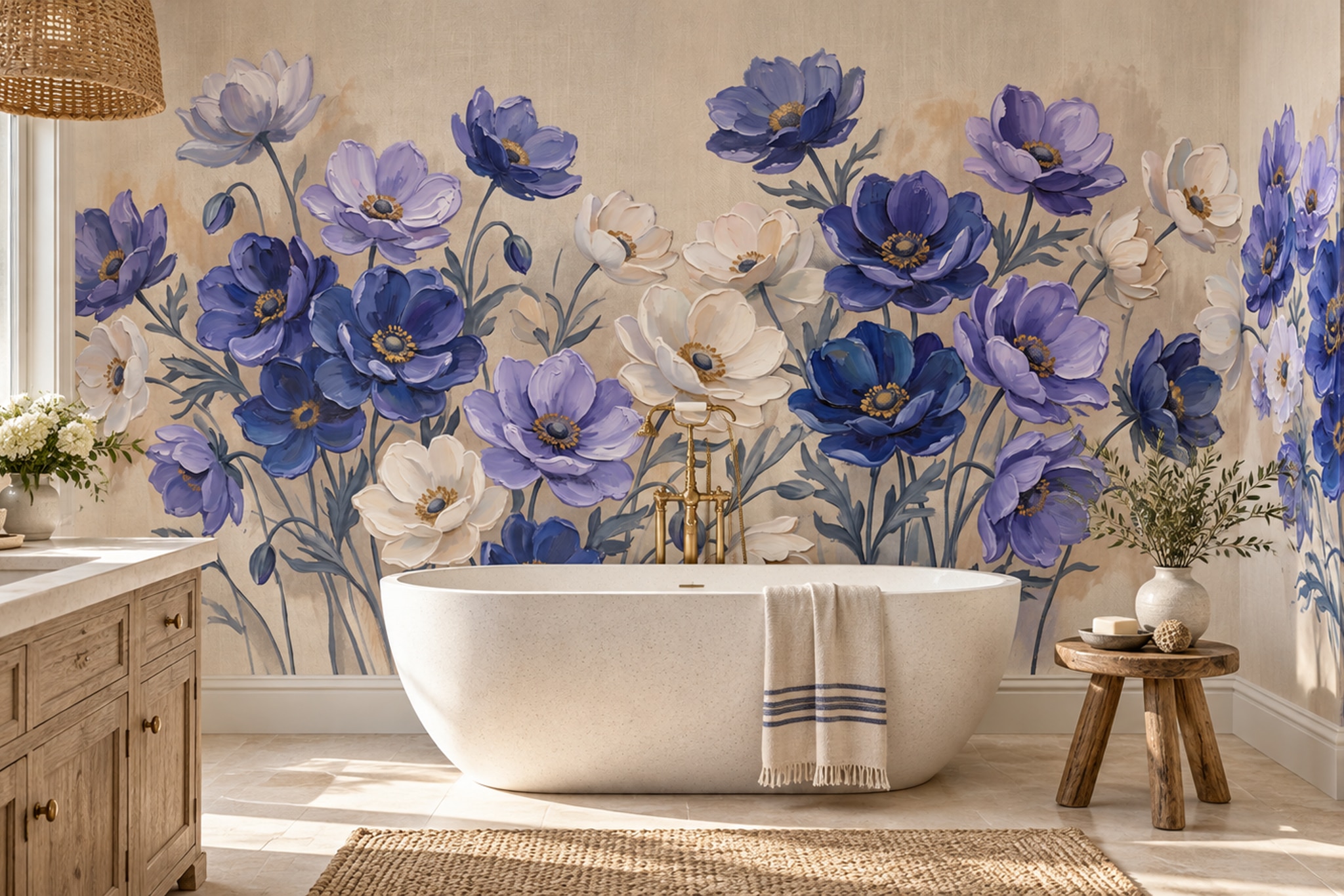 Purple Floral Botanical Decorative Wallpaper Mural Bedroom-wallpaper-murals, Peel-and-stick Finish
