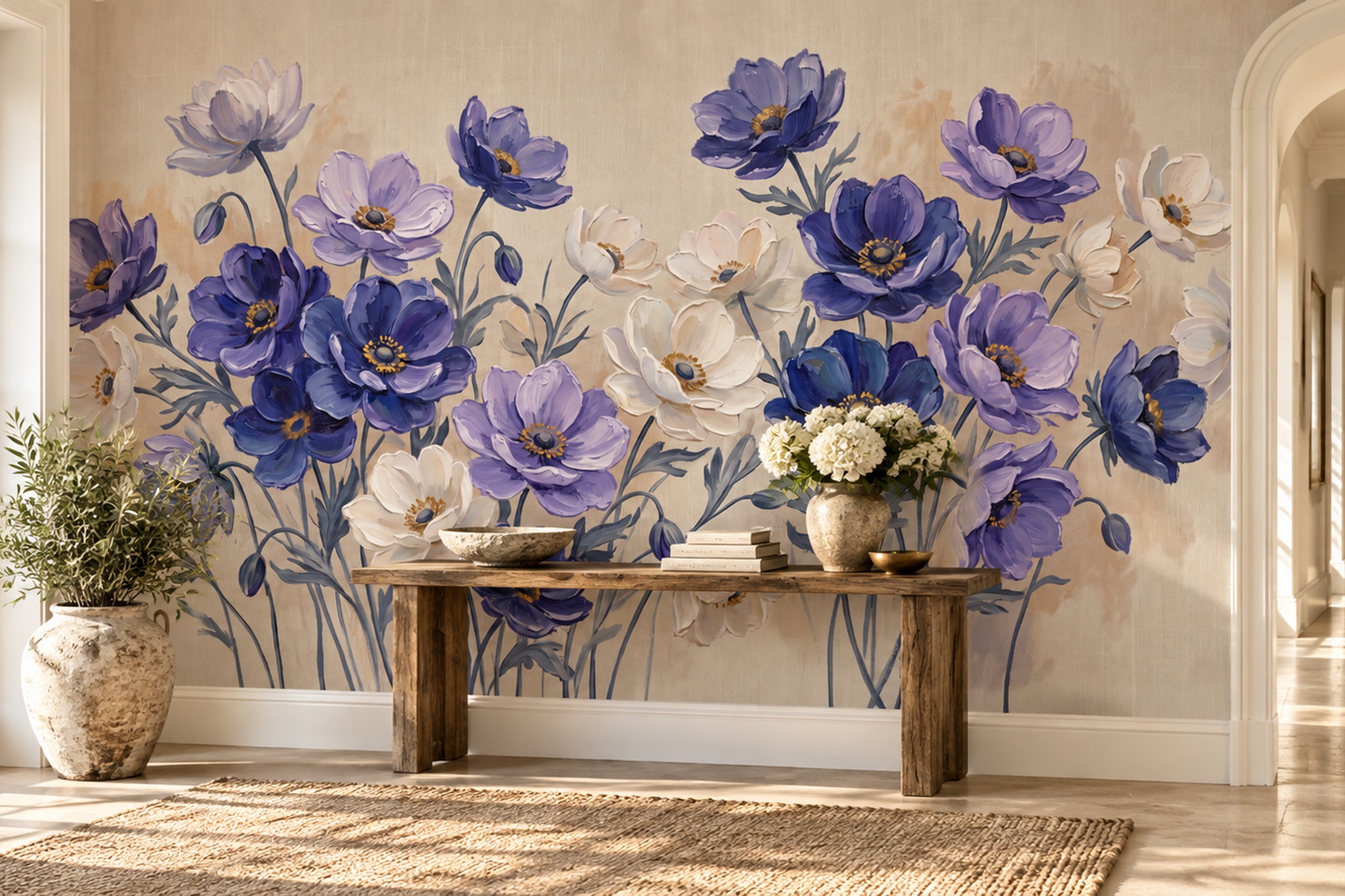 Purple Floral Botanical Decorative Wallpaper Mural Dining-room-wallpaper-murals, Shown In A Dining Room, Peel-and-stick Finish