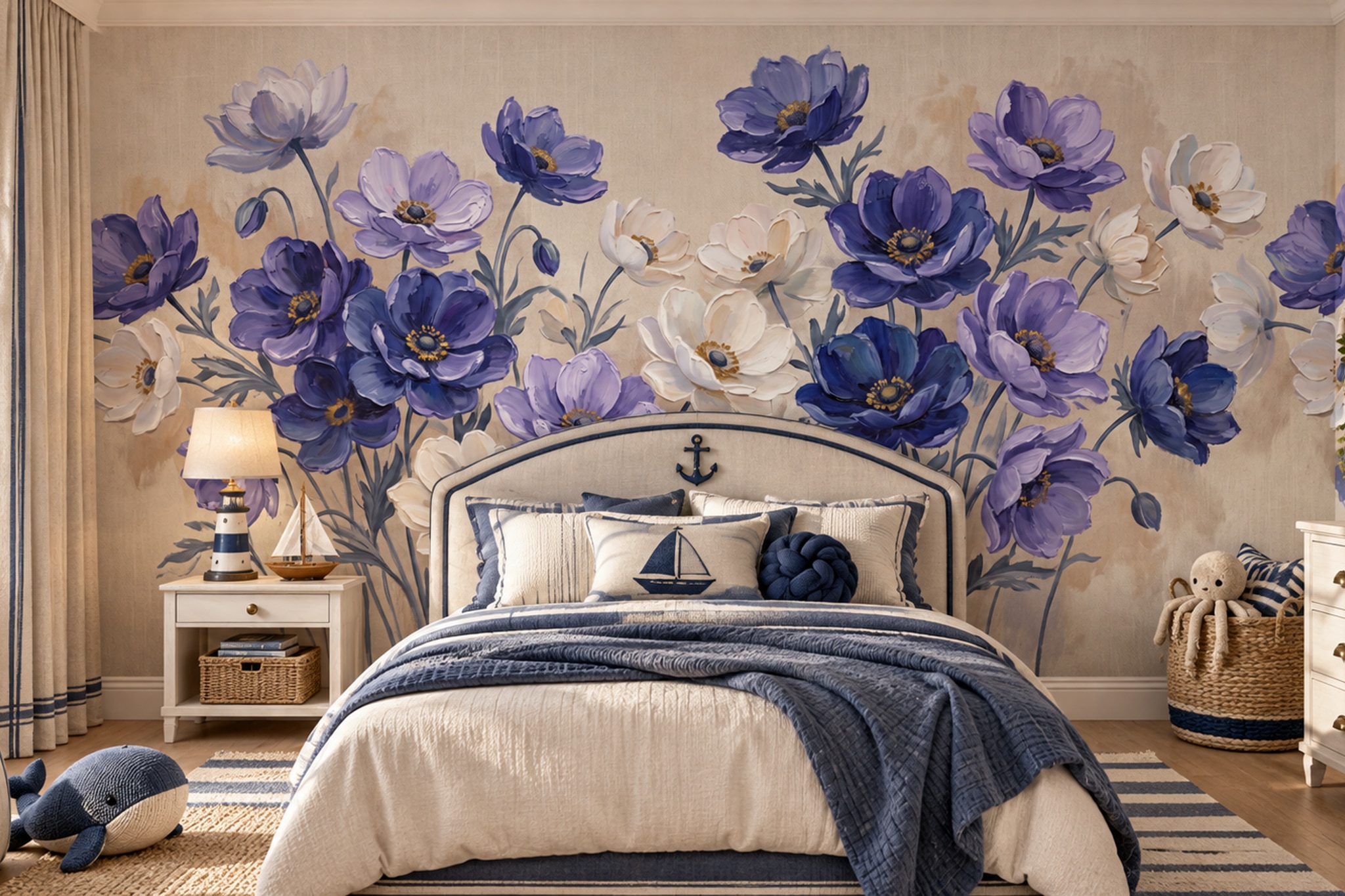 Purple Floral Botanical Decorative Wallpaper Mural Bedroom-wallpaper-murals, Peel-and-stick Finish