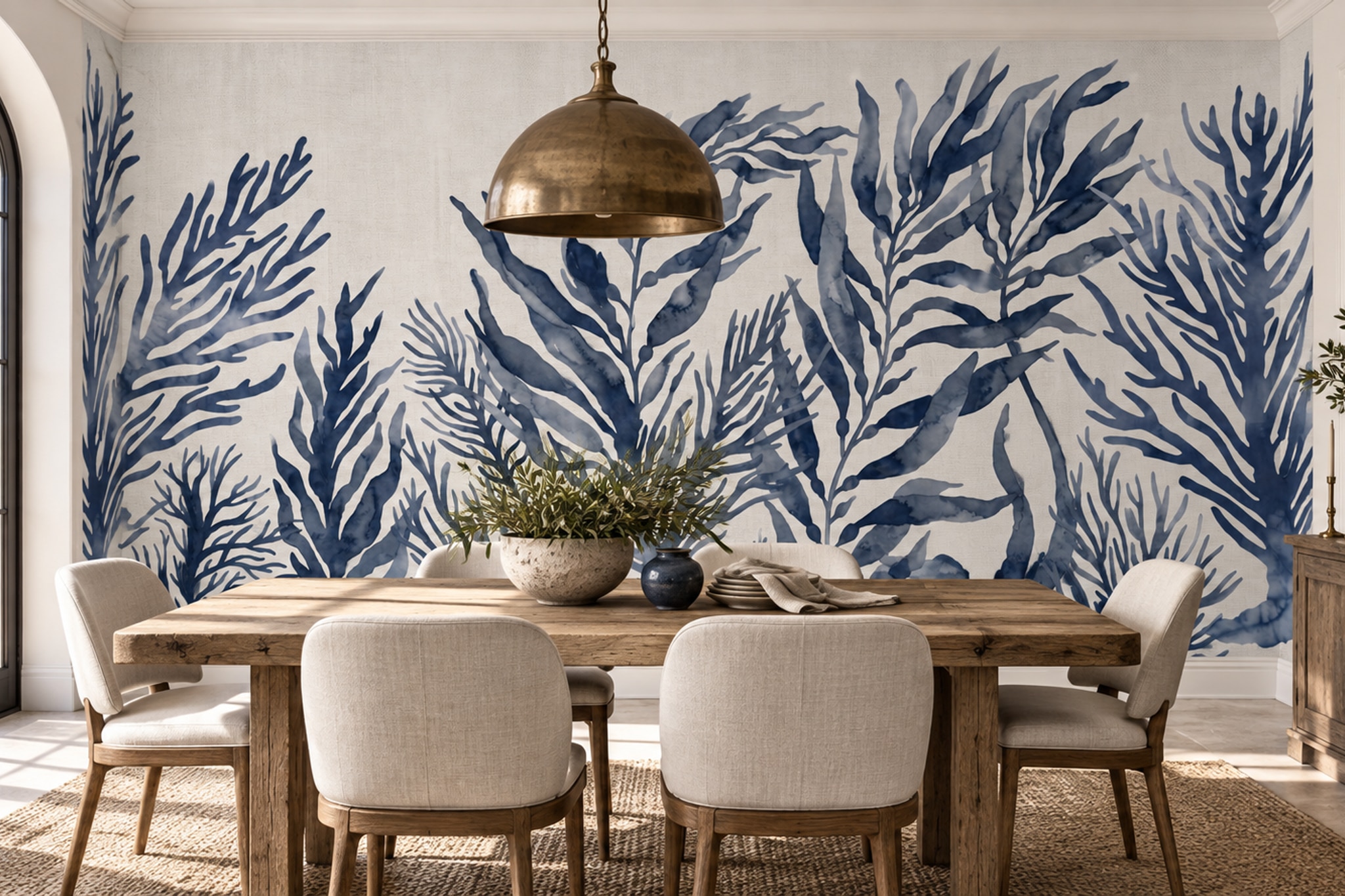 Blue Pattern Decorative Wallpaper Painterly Contour Wallpaper Mural Dining-room-wallpaper-murals, Shown In A Dining Room, Peel-and-stick Finish
