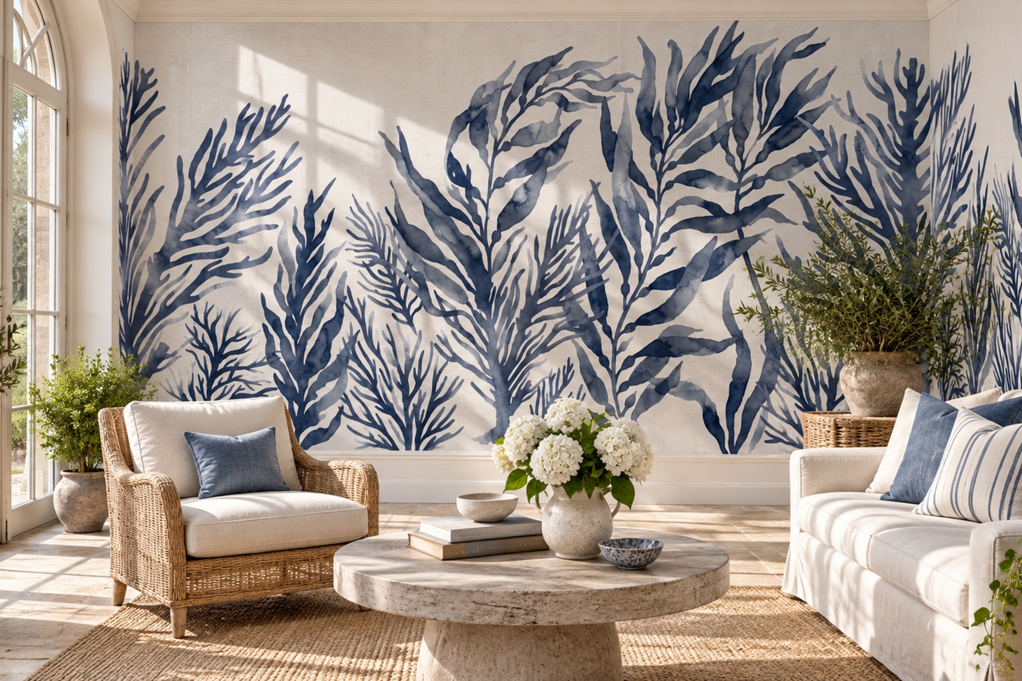 Navy Seaweed Silhouettes On Ivory Wallpaper Mural — Wallpaper Mural Design, Peel-and-stick Finish