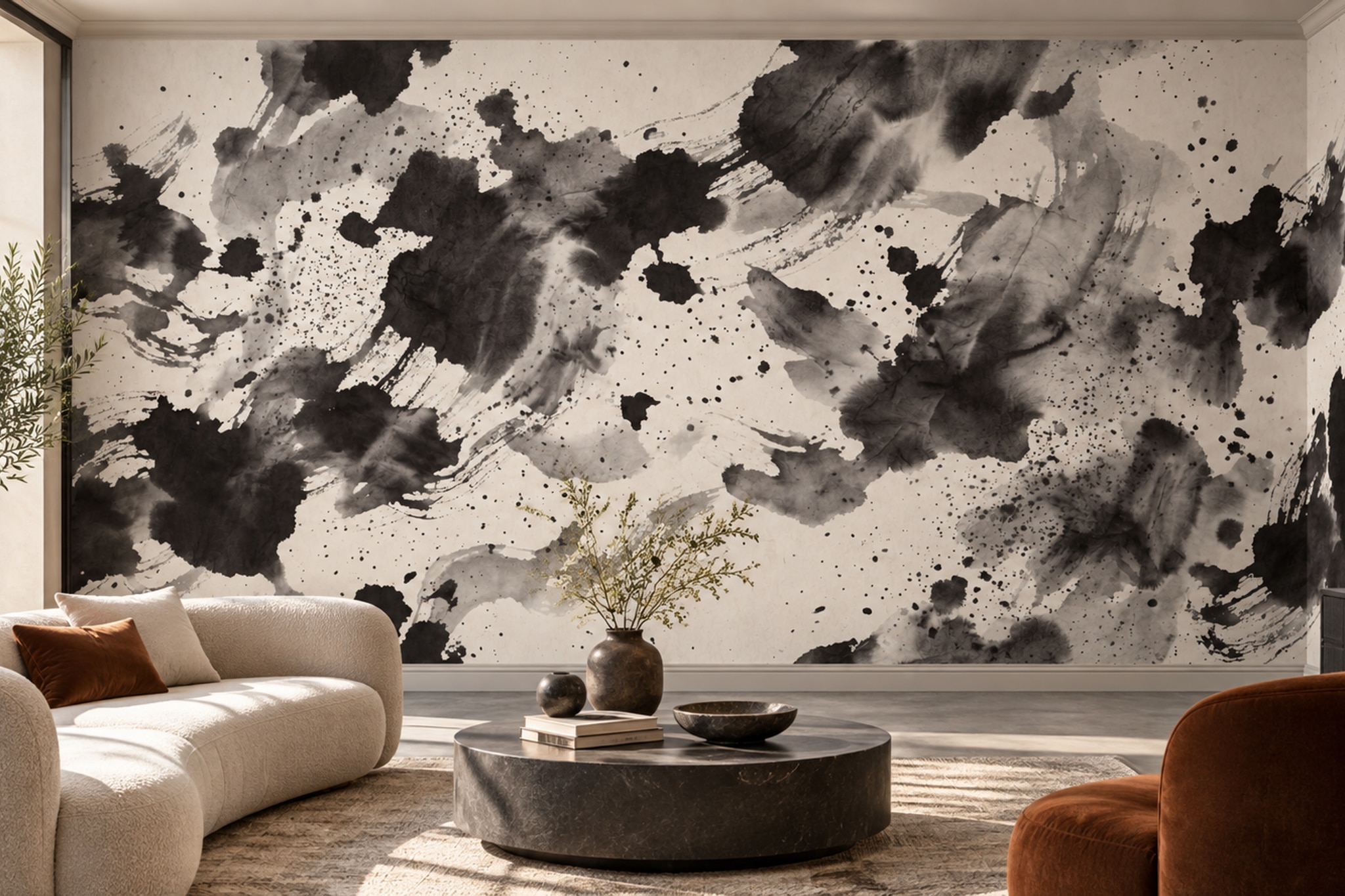 Black Ink Artful Wallpaper Mural Living-room-wallpaper-murals, Shown In A Living Room, Peel-and-stick Finish