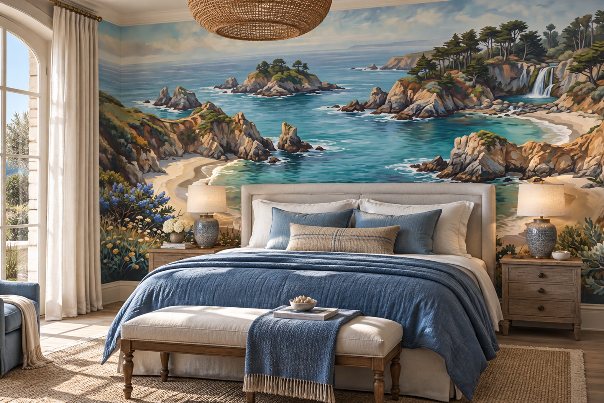 Teal Scenic Scenic Decorative Wallpaper Mural Living-room-wallpaper-murals, Shown In A Living Room, Peel-and-stick Finish