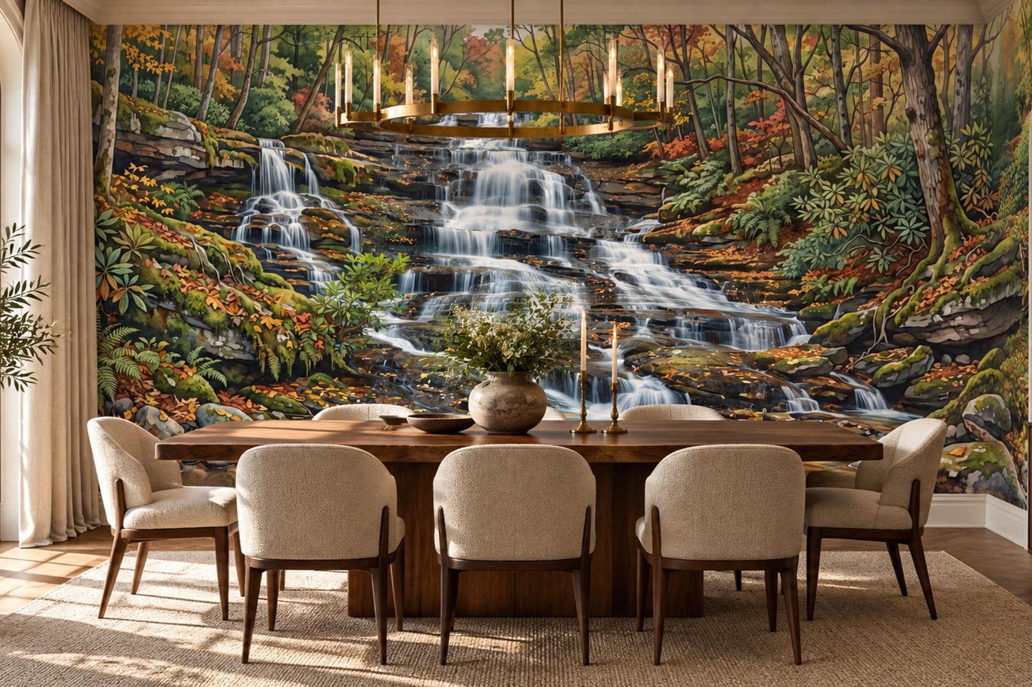 Forest Waterfall Among Autumn-coloured Trees Wallpaper Mural — Wallpaper Mural Design, Peel-and-stick Finish