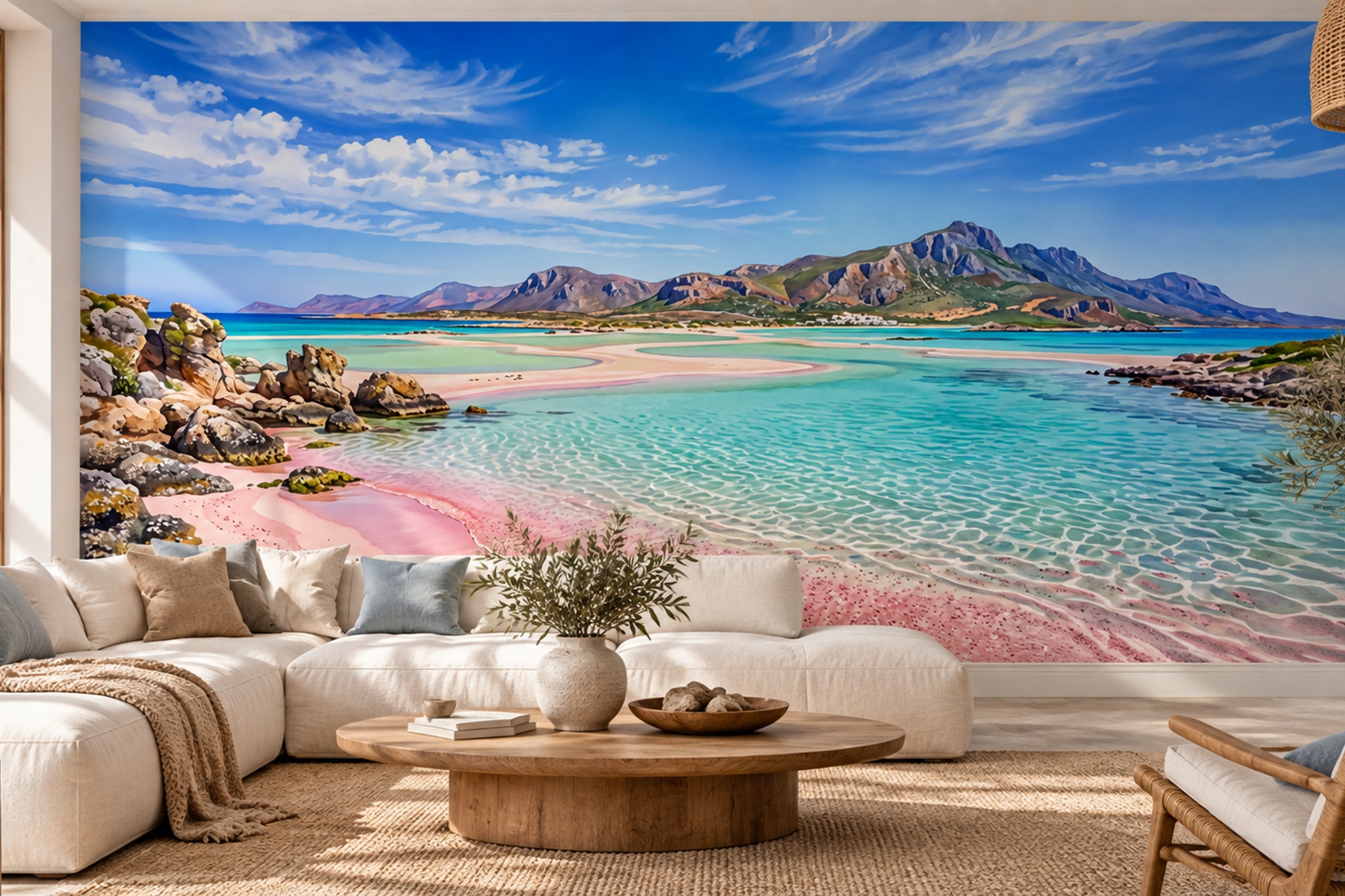 Pink Beach Scenic Decorative Wallpaper Mural Bedroom-wallpaper-murals, Peel-and-stick Finish