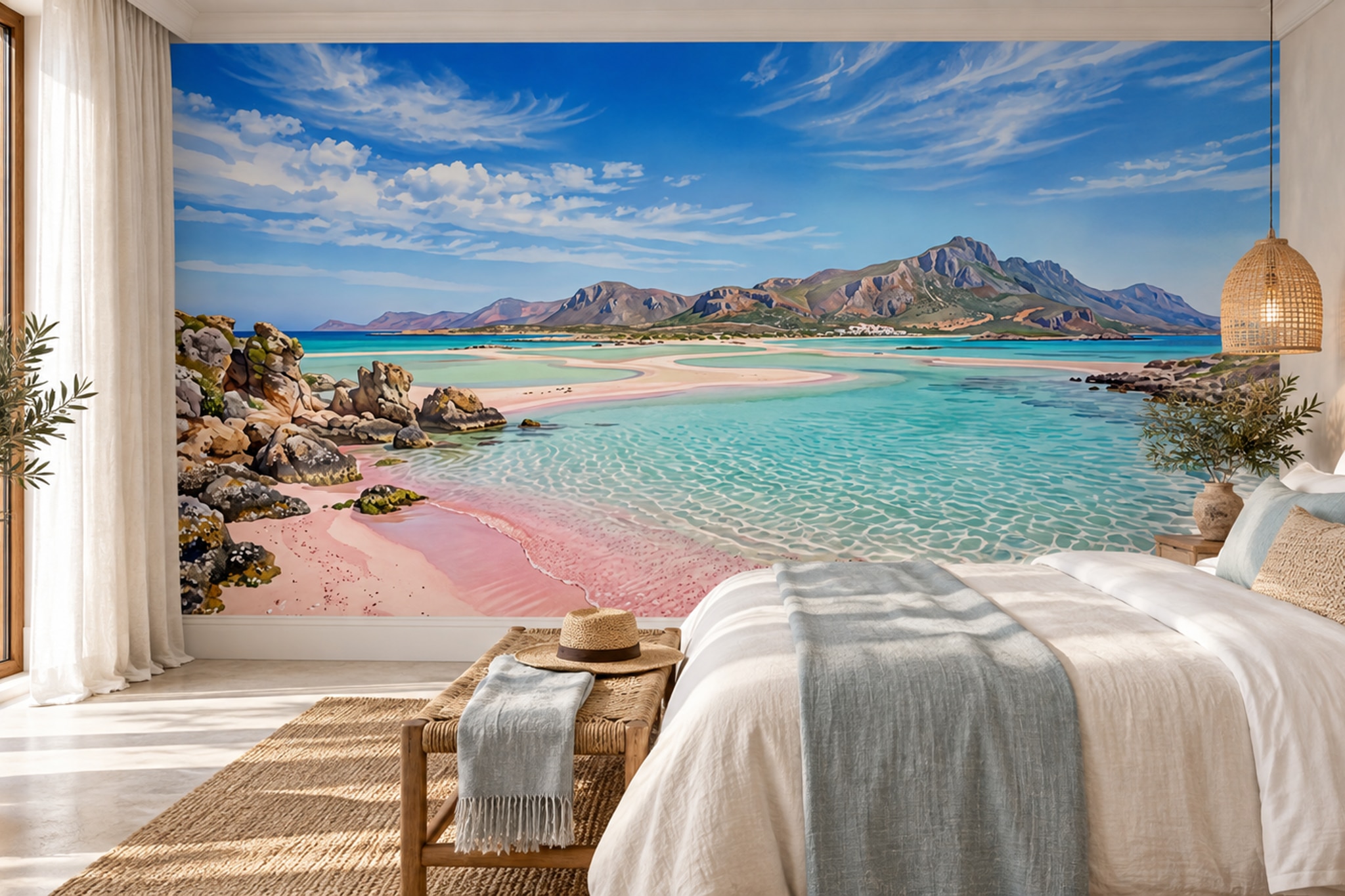 Pink Beach Scenic Decorative Wallpaper Mural Living-room-wallpaper-murals, Shown In A Living Room, Peel-and-stick Finish