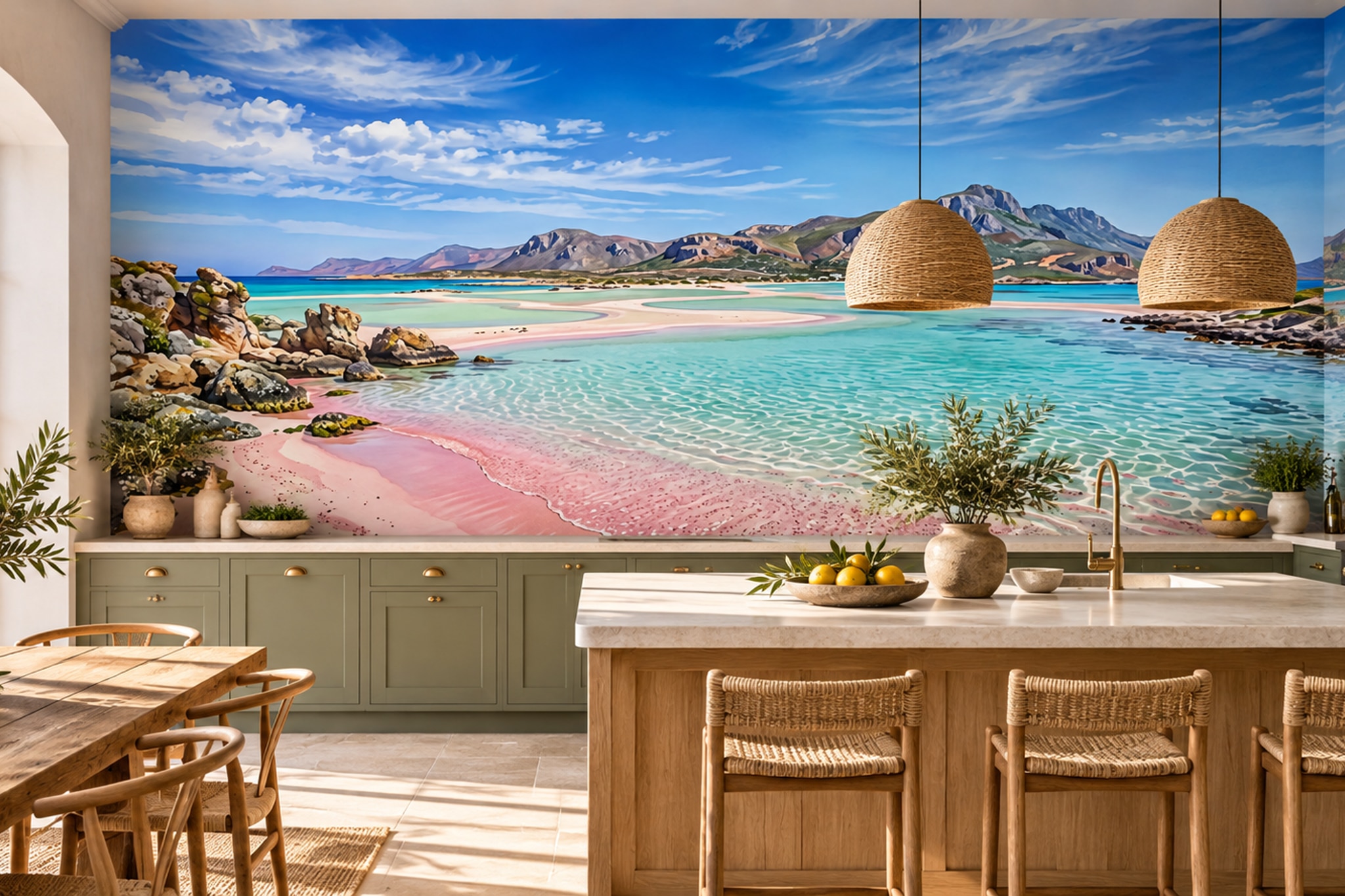 Pink Beach Scenic Decorative Wallpaper Mural Bedroom-wallpaper-murals, Peel-and-stick Finish