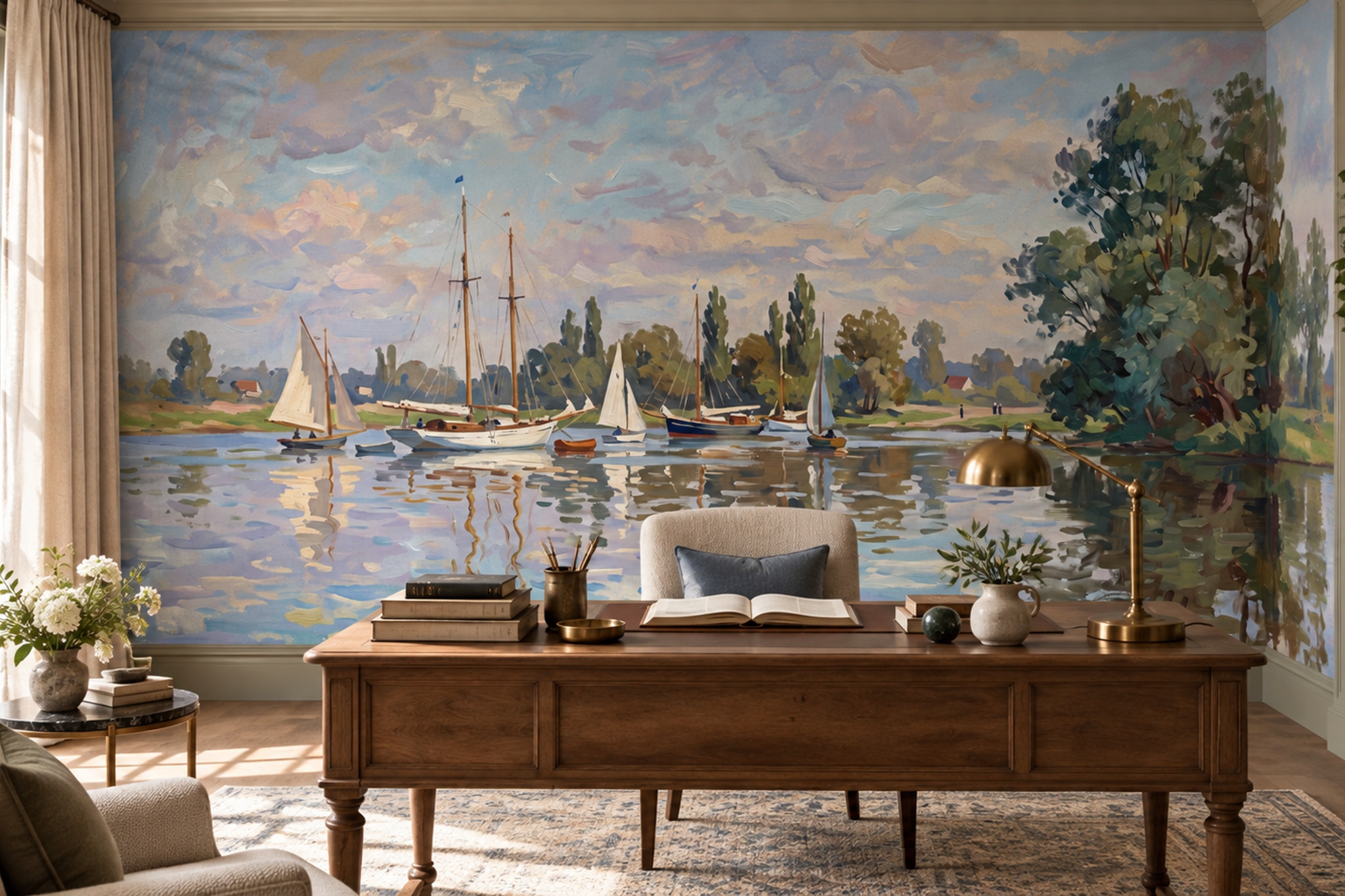 Blue Pattern Decorative Wallpaper Mural Painterly Rhythm Wallpaper Mural Dining-room-wallpaper-murals, Shown In A Dining Room, Peel-and-stick Finish