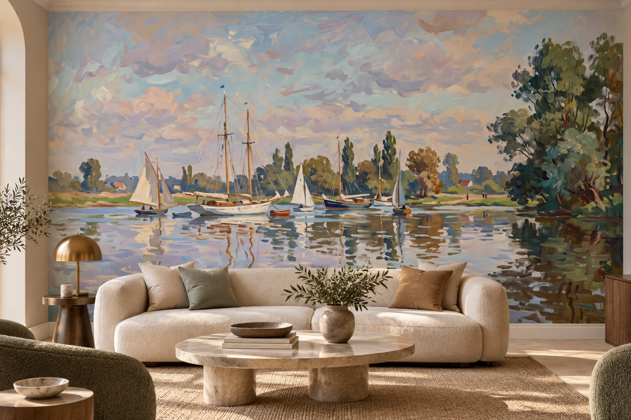 Sailboats On A Tree-lined River At Dusk Wallpaper Mural — Wallpaper Mural Design, Peel-and-stick Finish