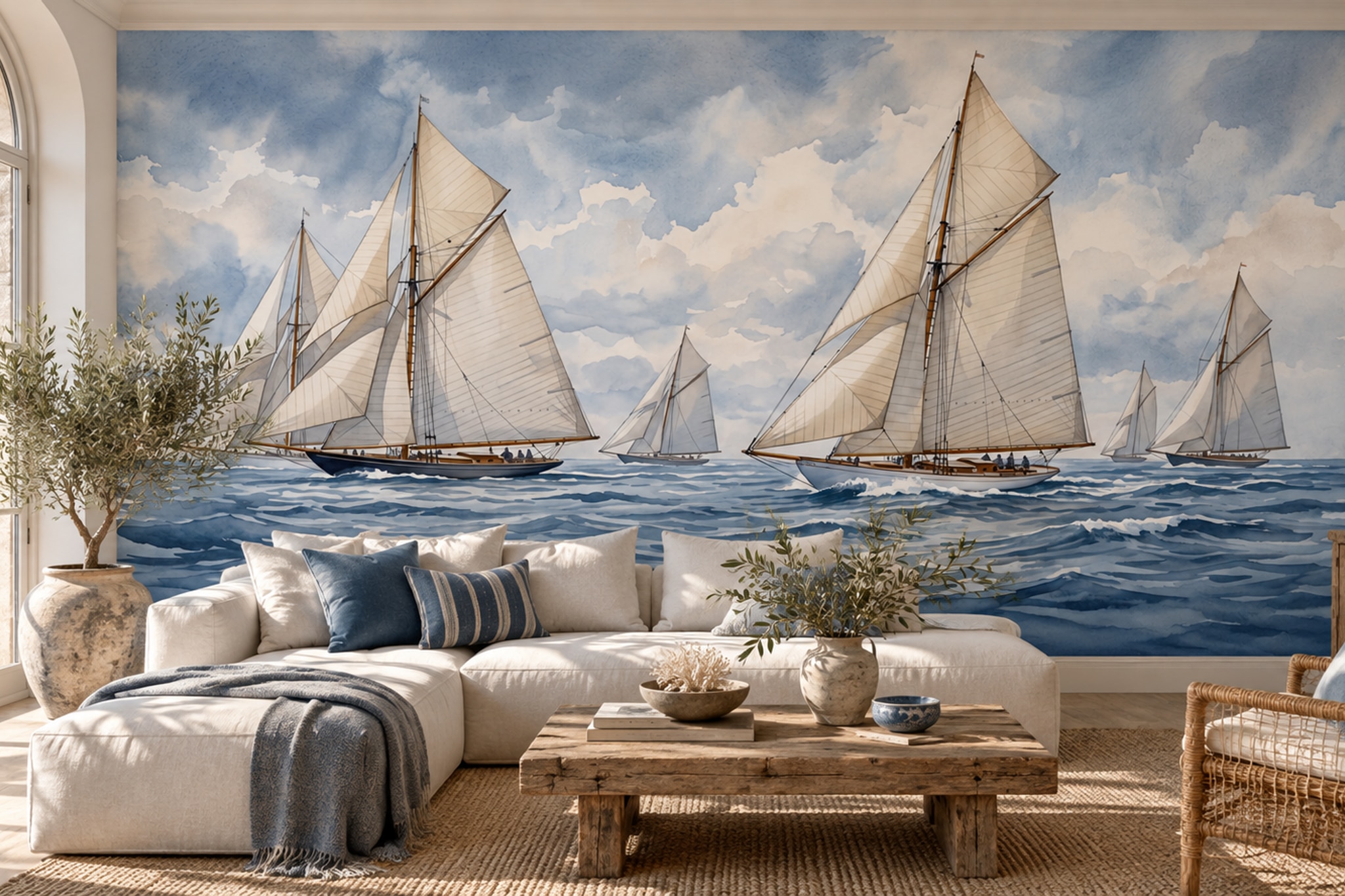 White Sailboats On Blue Open Water Wallpaper Mural — Installed Wallpaper Mural In A Bedroom, Peel-and-stick Finish
