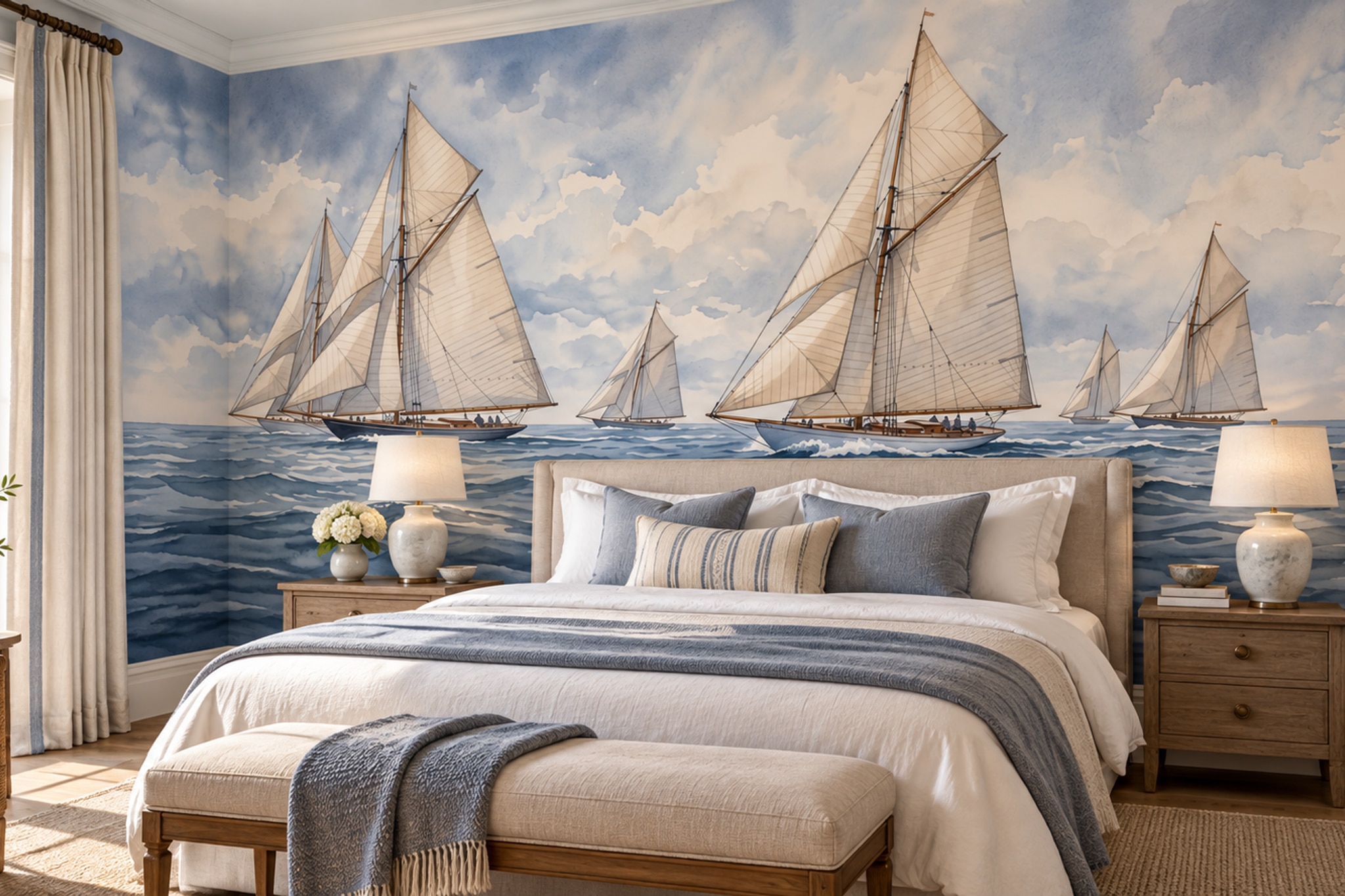 Blue Pattern Decorative Wallpaper Mural Painterly Forms Wallpaper Mural Feature-wall-wallpaper-murals, Peel-and-stick Finish