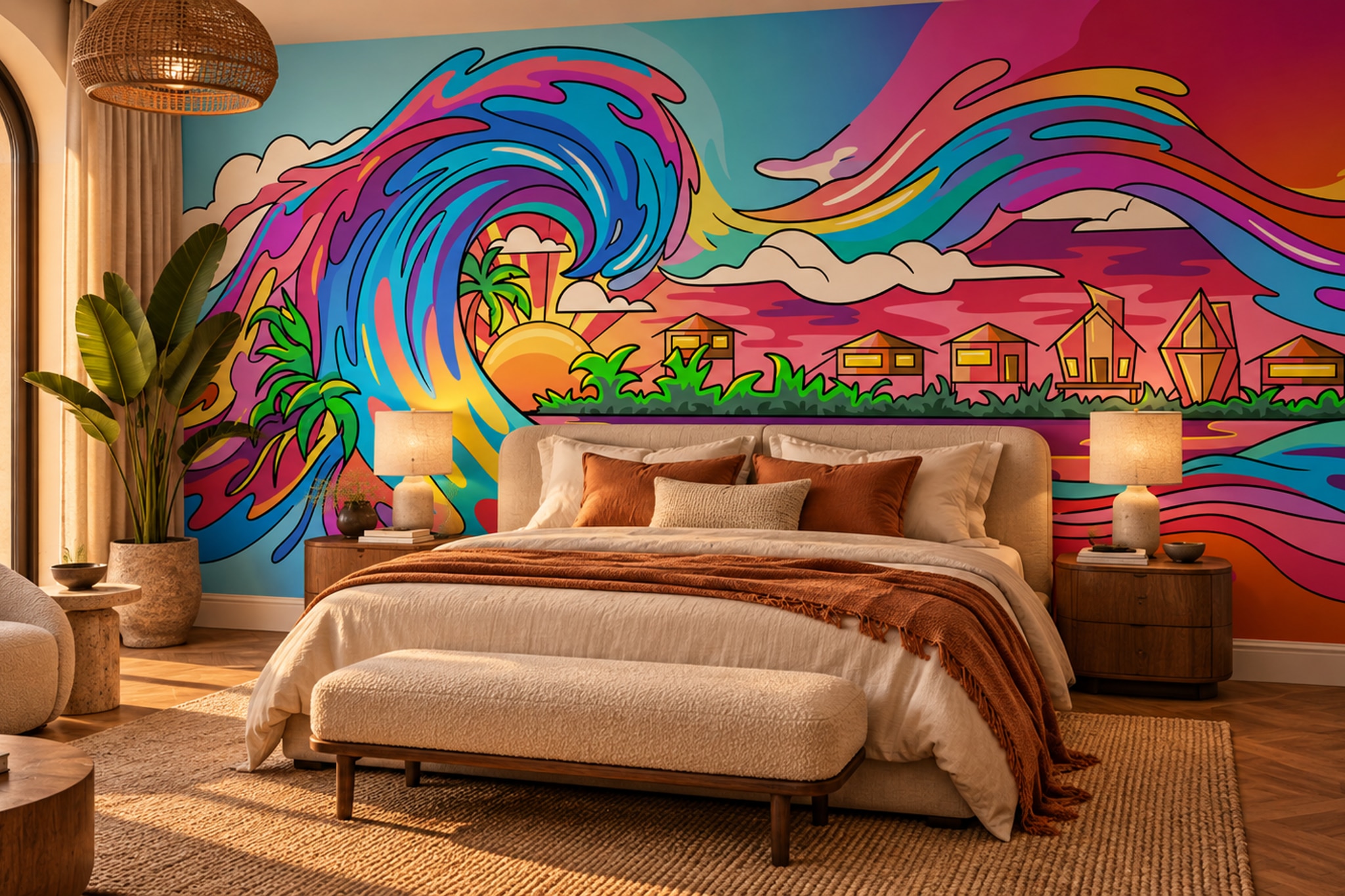 Pink Waves Artful Wallpaper Mural Bedroom-wallpaper-murals, Peel-and-stick Finish