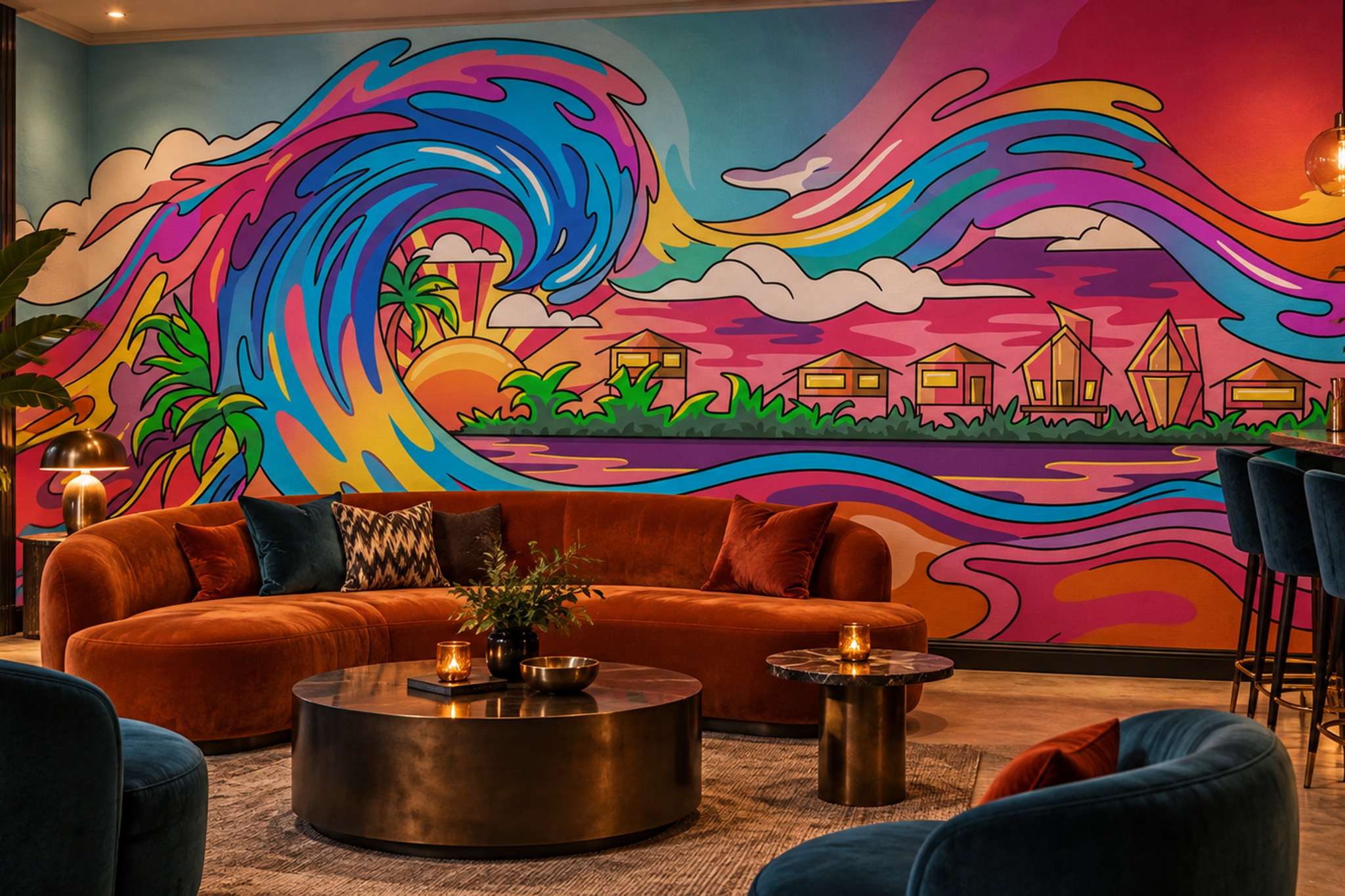 Pink Waves Artful Wallpaper Mural Dining-room-wallpaper-murals, Shown In A Dining Room, Peel-and-stick Finish