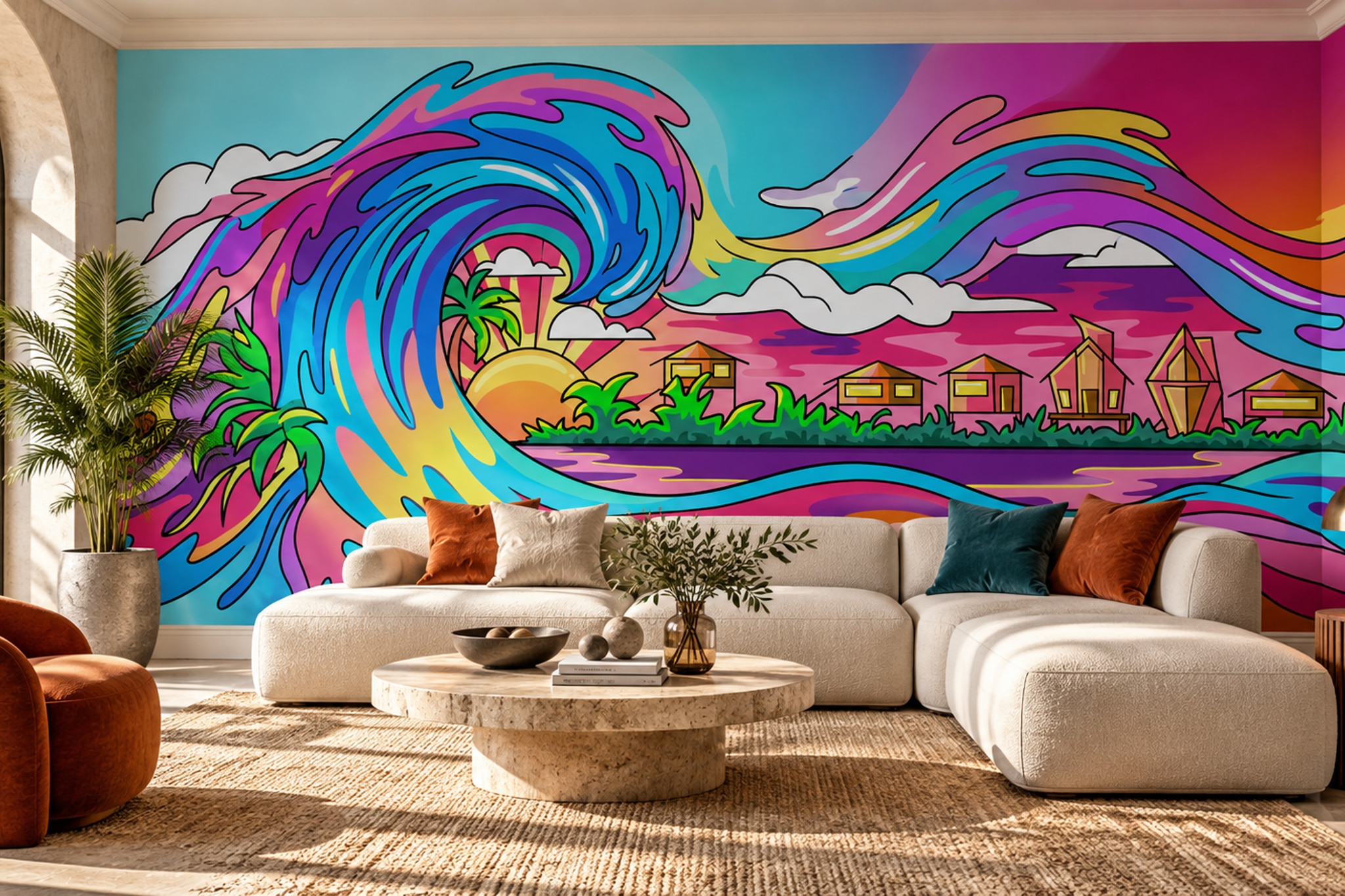 Rainbow Wave And Coastal Village Cartoon Wallpaper Mural — Wallpaper Mural Design, Peel-and-stick Finish