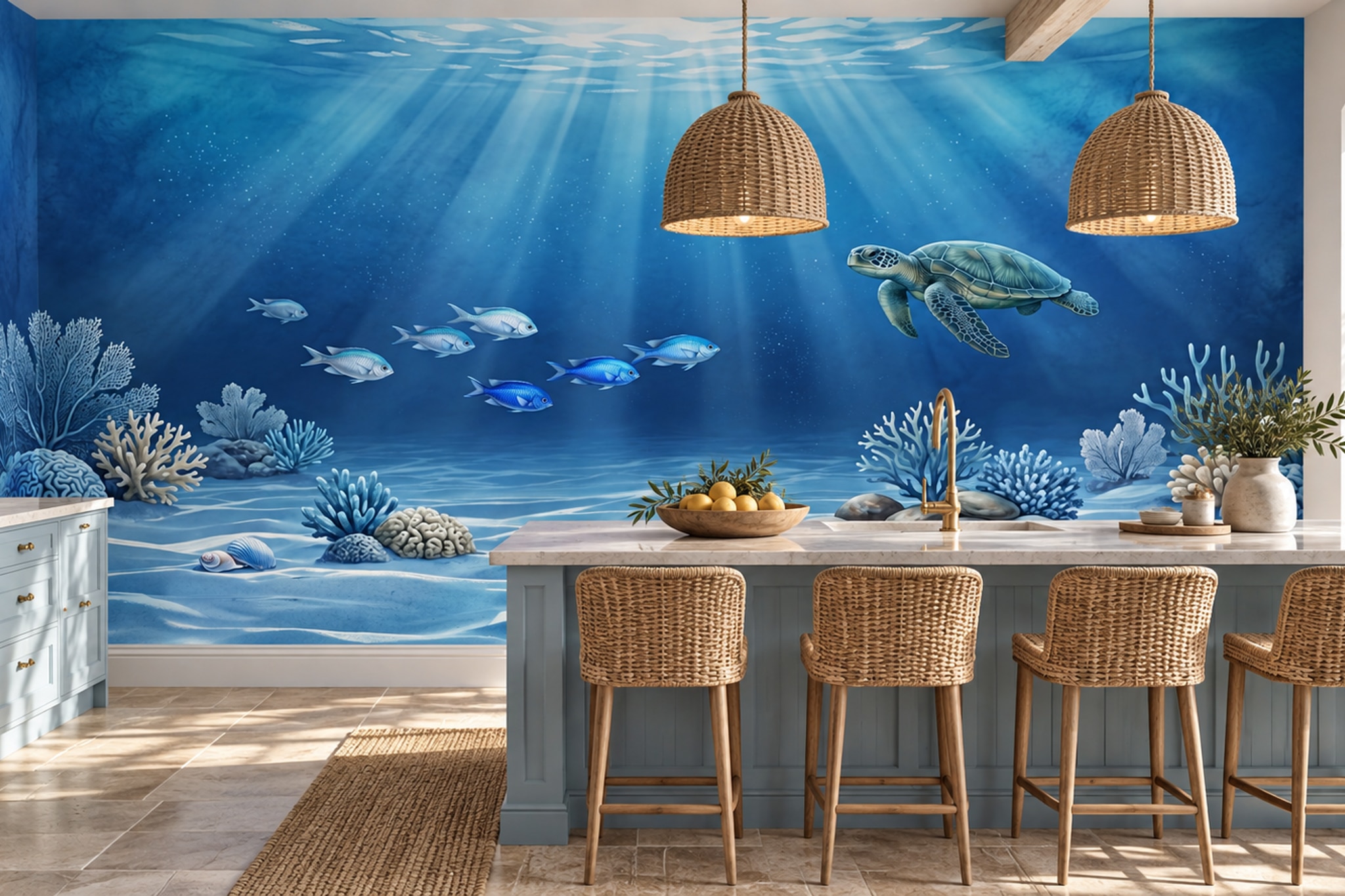Blue Pattern Decorative Wallpaper Mural Painterly Marks Wallpaper Mural Living-room-wallpaper-murals, Peel-and-stick Finish