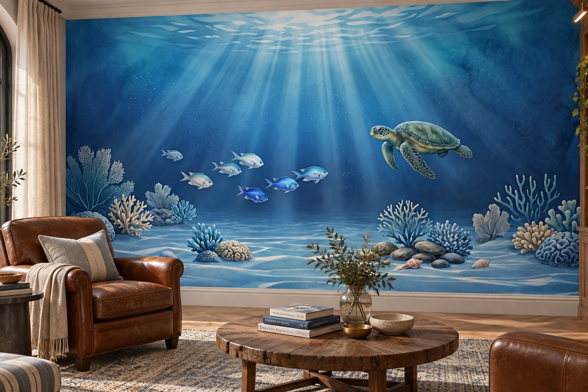 Blue Pattern Decorative Wallpaper Mural Painterly Marks Wallpaper Mural Living-room-wallpaper-murals, Peel-and-stick Finish