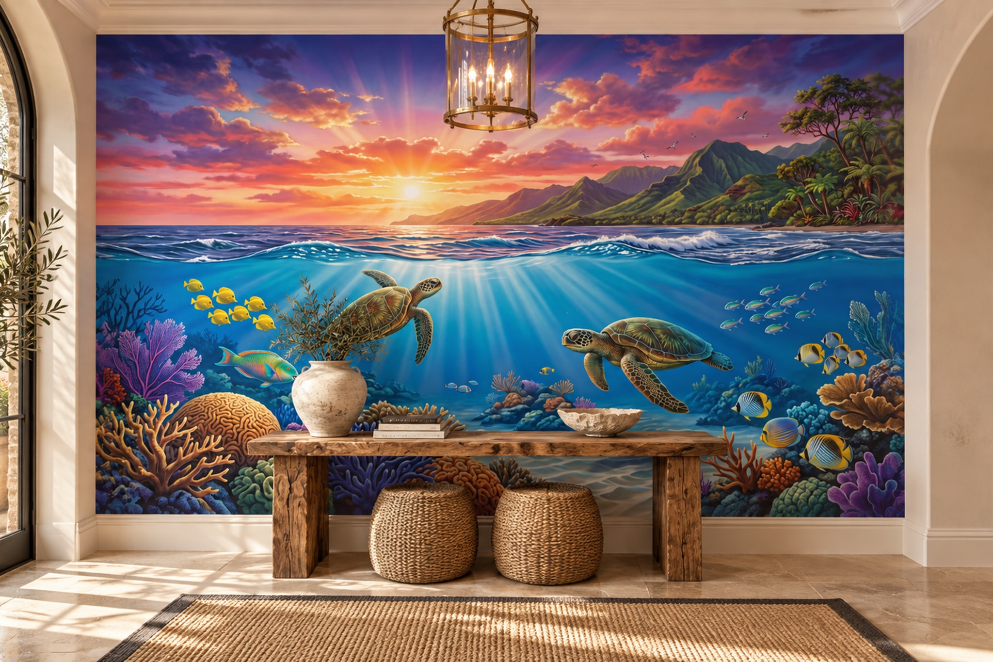 Blue Reef Scenic Watercolour Wallpaper Mural Bedroom-wallpaper-murals, Peel-and-stick Finish