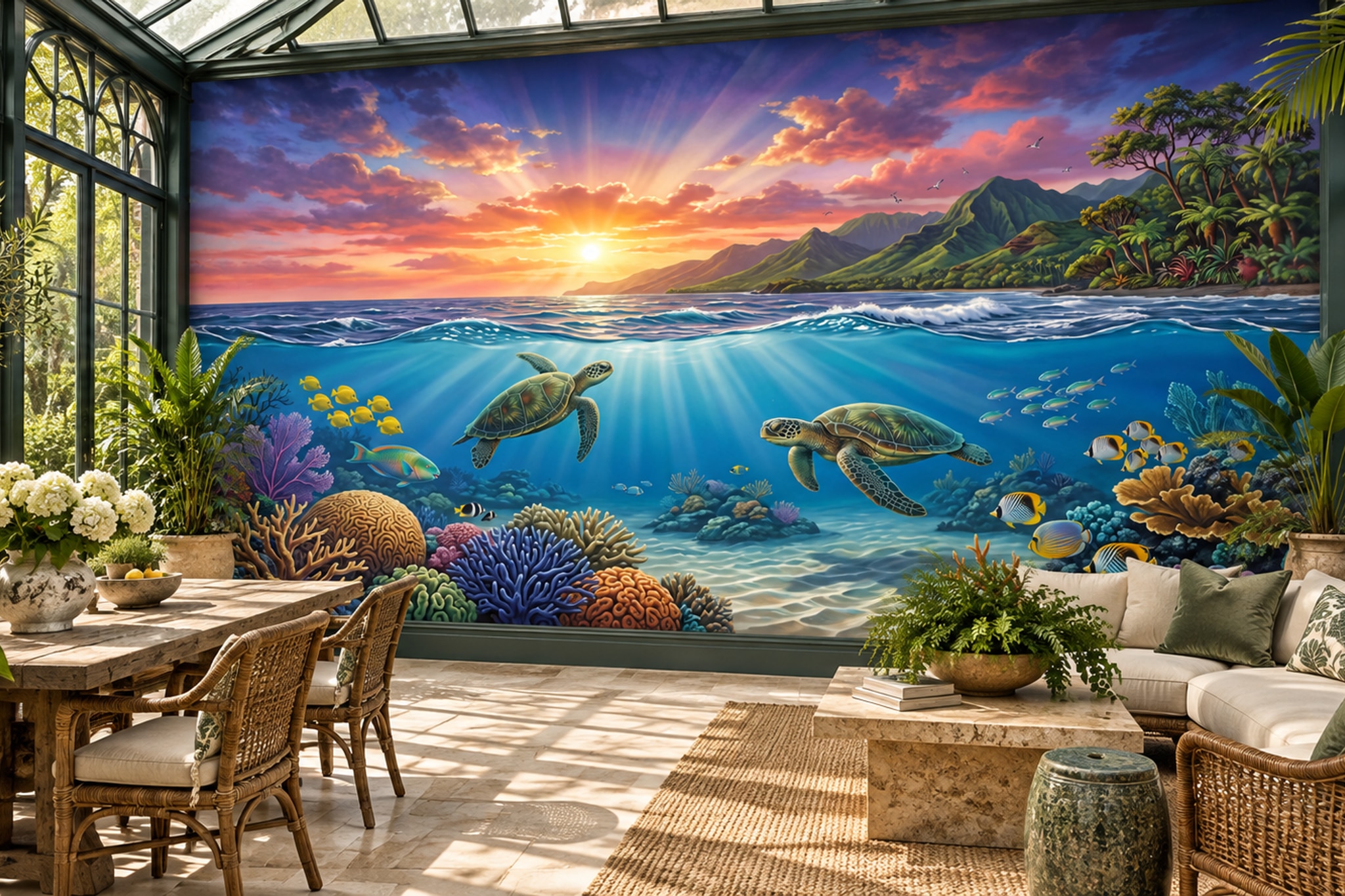 Sea Turtles And Coral Reef Wallpaper Mural — Wallpaper Mural Design, Peel-and-stick Finish
