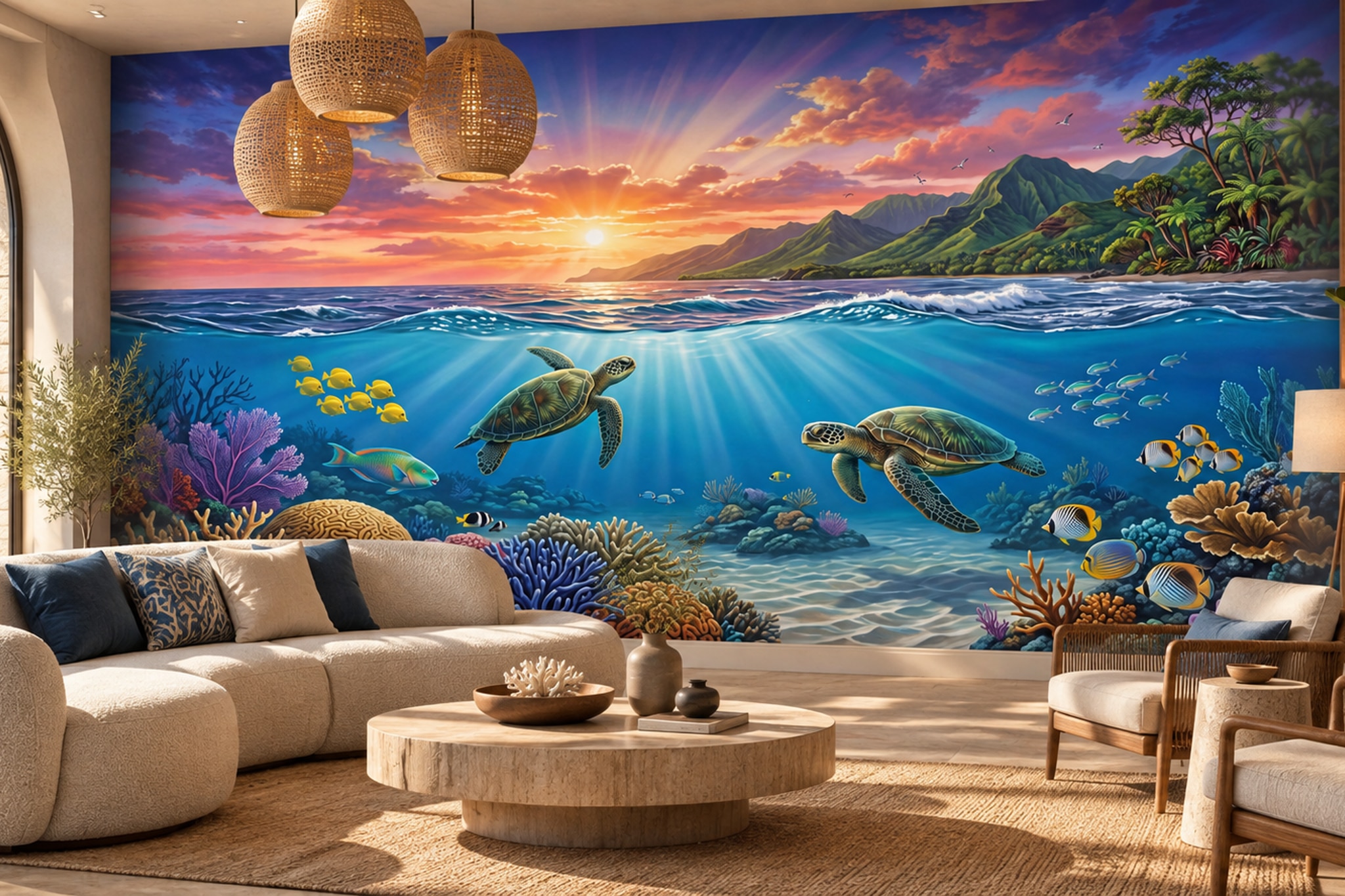 Blue Reef Scenic Watercolour Wallpaper Mural Accent-wall-wallpaper-murals, Peel-and-stick Finish