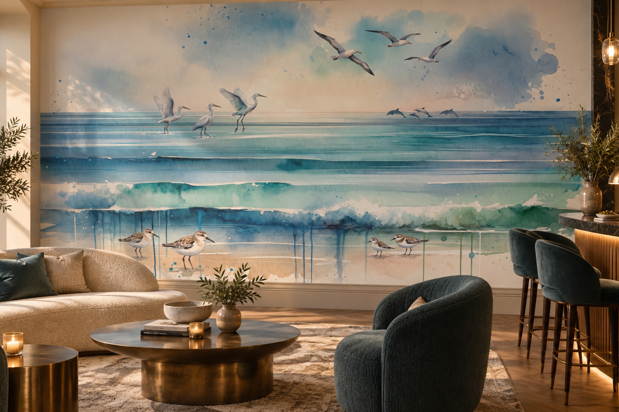 Teal Pattern Decorative Wallpaper Mural Layered Organic Wallpaper Mural, Peel-and-stick Finish