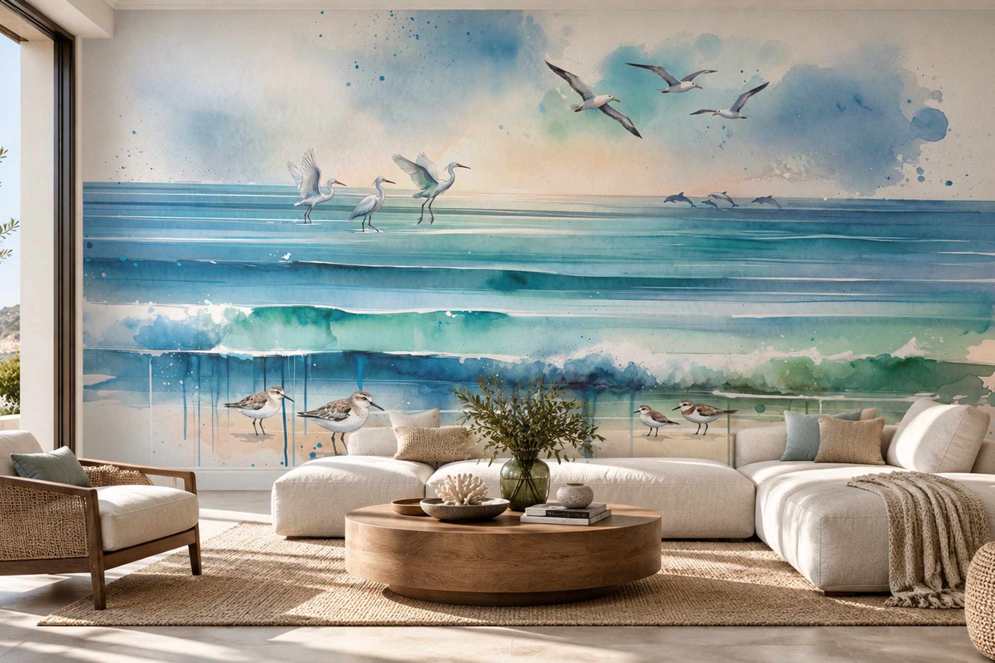 Teal Pattern Decorative Wallpaper Mural Layered Organic Wallpaper Mural Dining-room-wallpaper-murals, Peel-and-stick Finish