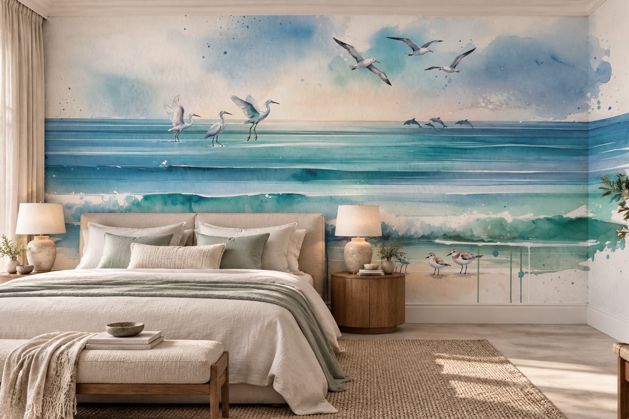 Teal Pattern Decorative Wallpaper Mural Layered Organic Wallpaper Mural Dining-room-wallpaper-murals, Peel-and-stick Finish