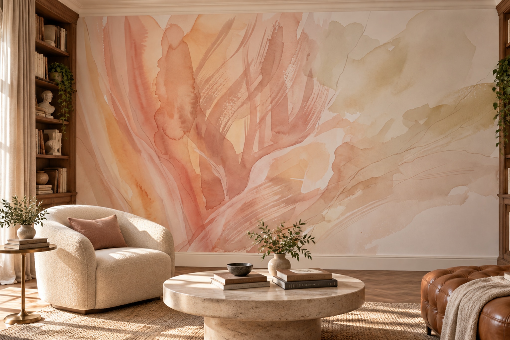 Peach And Cream Watercolour Brushstroke Wallpaper Mural — Wallpaper Mural Design, Peel-and-stick Finish