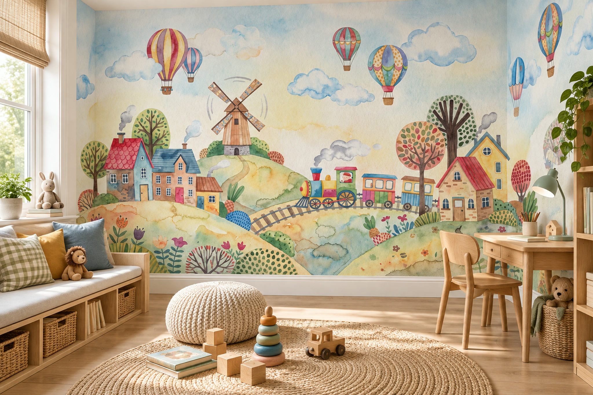 Pastel Village With Hot Air Balloons And A Toy Train Wallpaper Mural — Wallpaper Mural Design, Peel-and-stick Finish