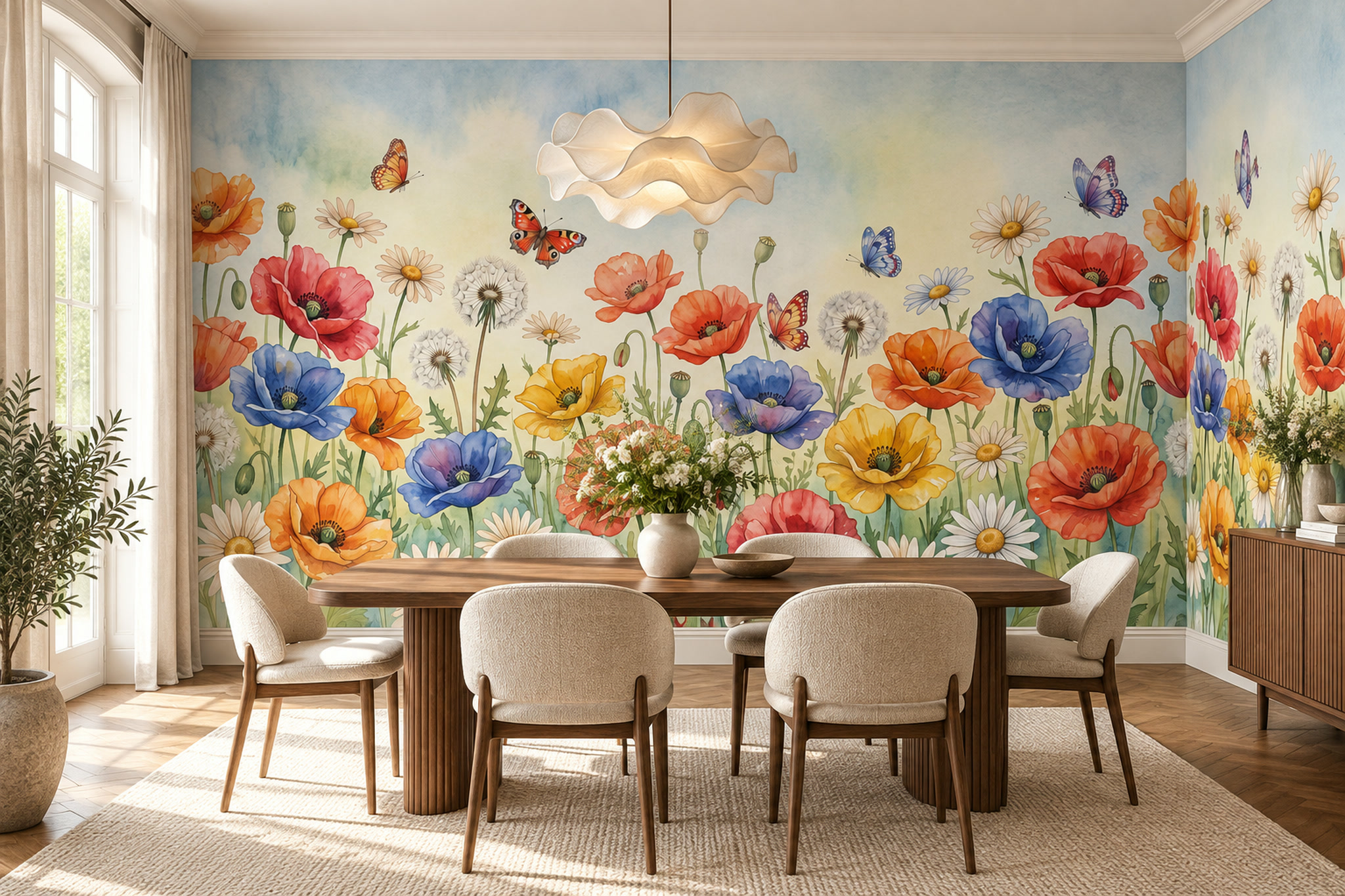 Colourful Poppies, Daisies And Butterflies Wallpaper Mural — Wallpaper Mural Design, Peel-and-stick Finish