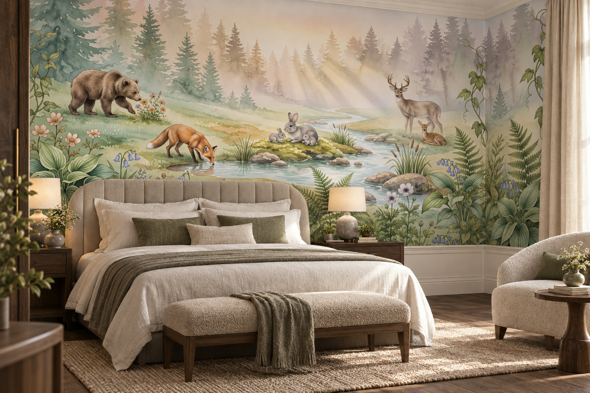 Green Woodland Scenic Painterly Wallpaper Mural Bedroom-wallpaper-murals, Peel-and-stick Finish