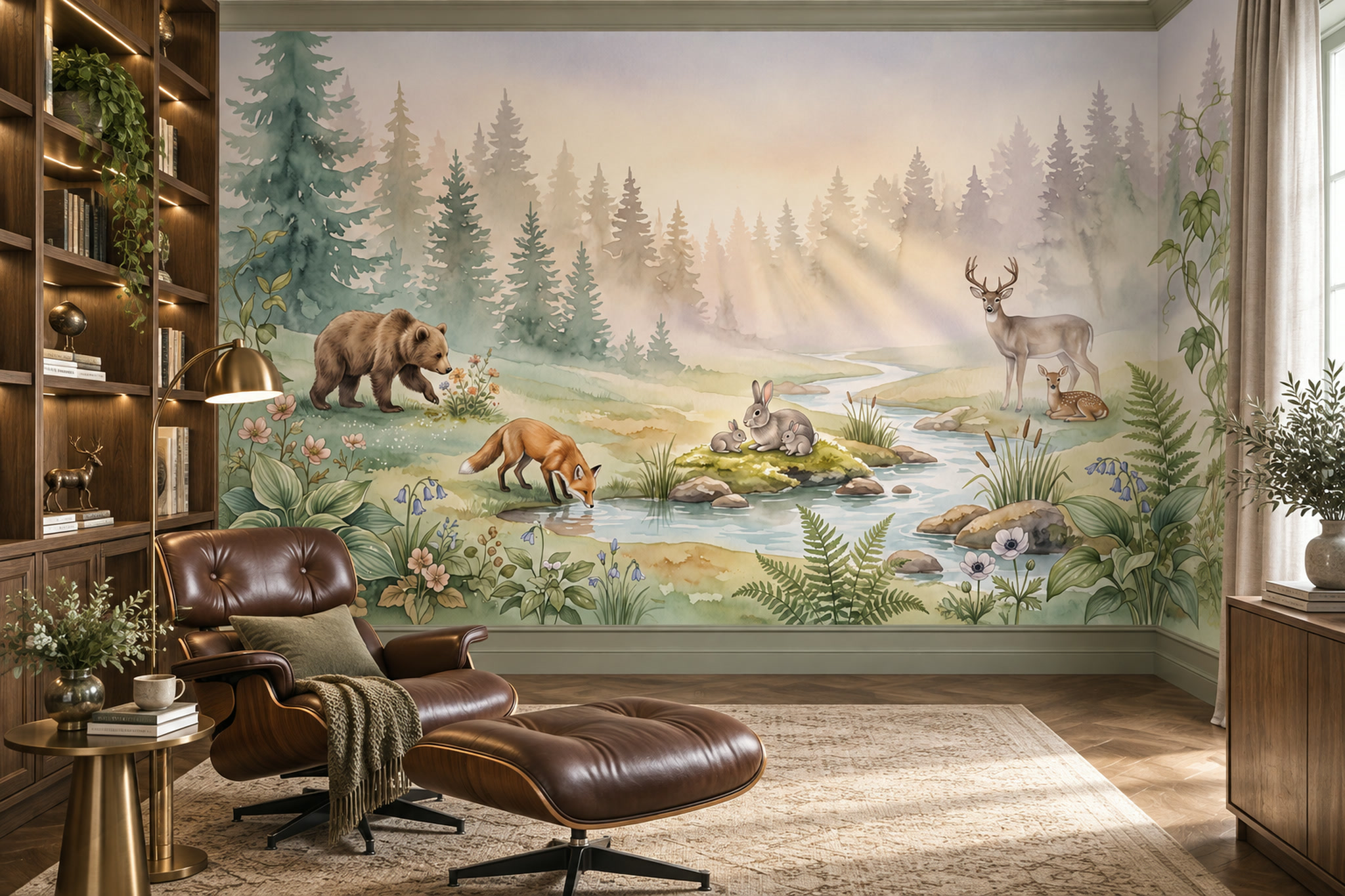 Woodland Animals Beside A Misty Forest Stream Wallpaper Mural — Wallpaper Mural Design, Peel-and-stick Finish