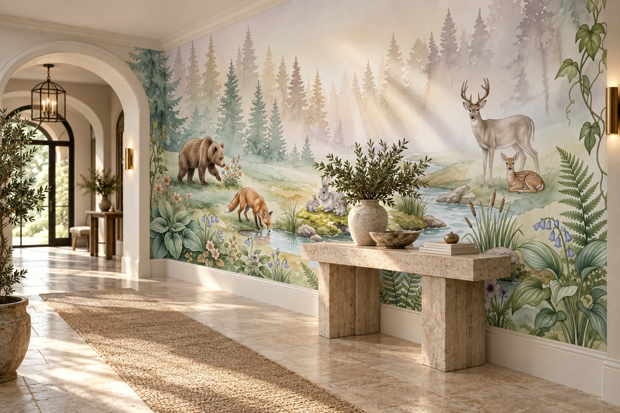 Green Woodland Scenic Painterly Wallpaper Mural Accent-wall-wallpaper-murals, Peel-and-stick Finish