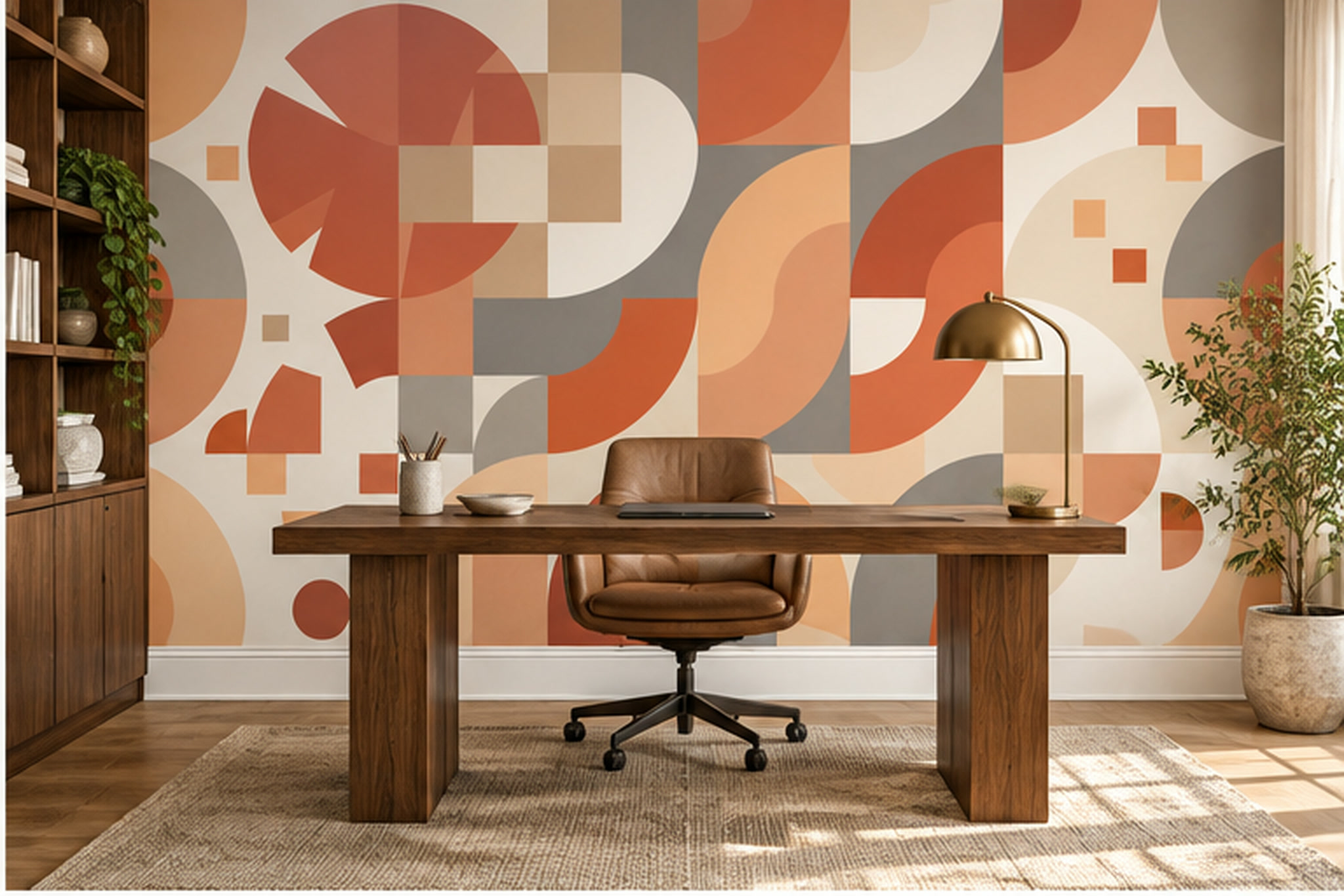 Orange Geometric Abstract Decorative Wallpaper Mural Home-office-wallpaper-murals, Shown In A Home Office, Peel-and-stick Finish