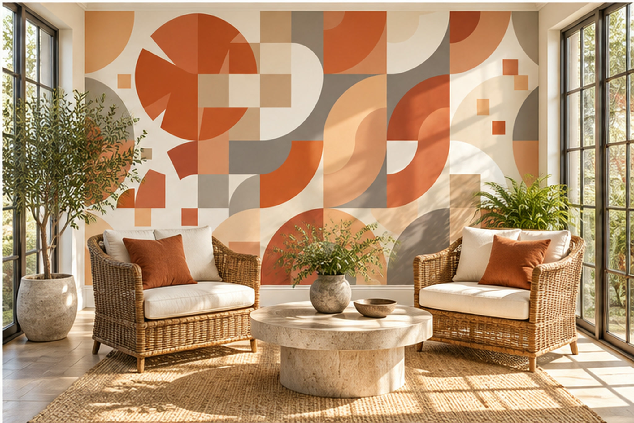 Terracotta And Cream Retro Geometric Wallpaper Mural — Wallpaper Mural Design, Peel-and-stick Finish