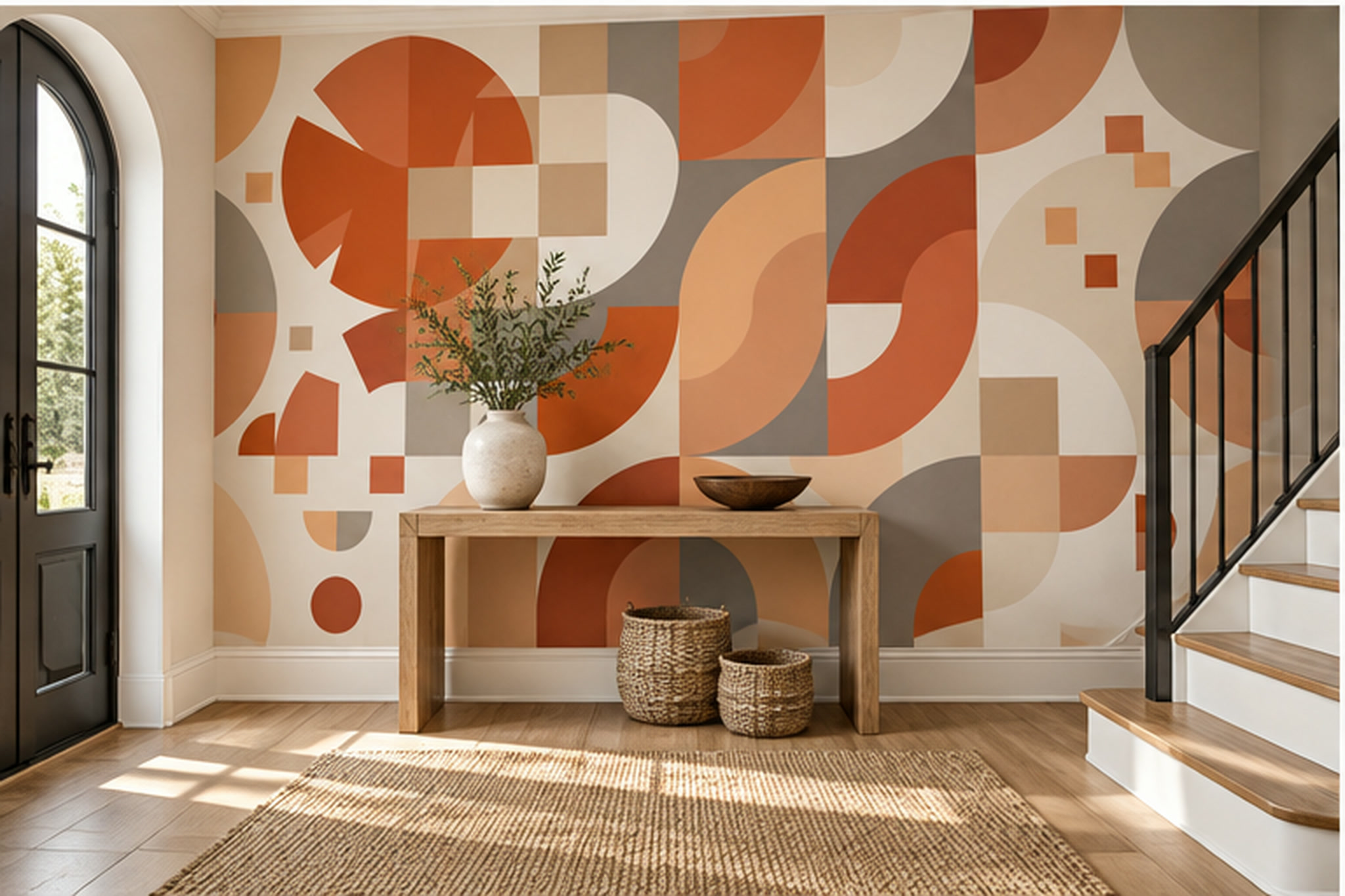 Orange Geometric Abstract Decorative Wallpaper Mural Entryway-wallpaper-murals, Peel-and-stick Finish