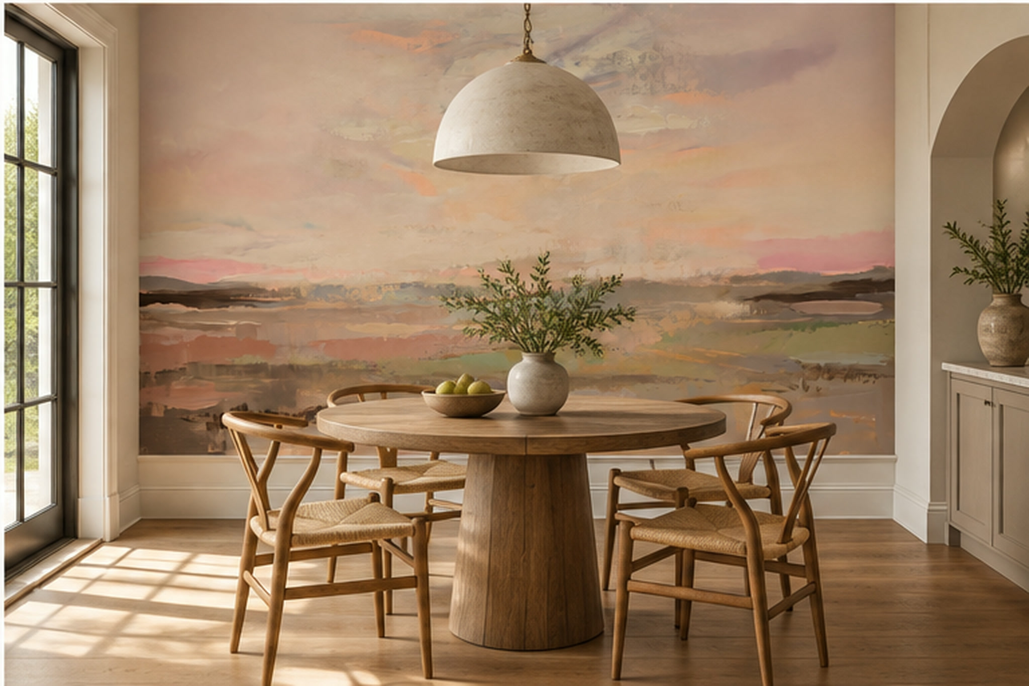 Peach Landscape Scenic Wallpaper Mural Dining-room-wallpaper-murals, Shown In A Dining Room, Peel-and-stick Finish