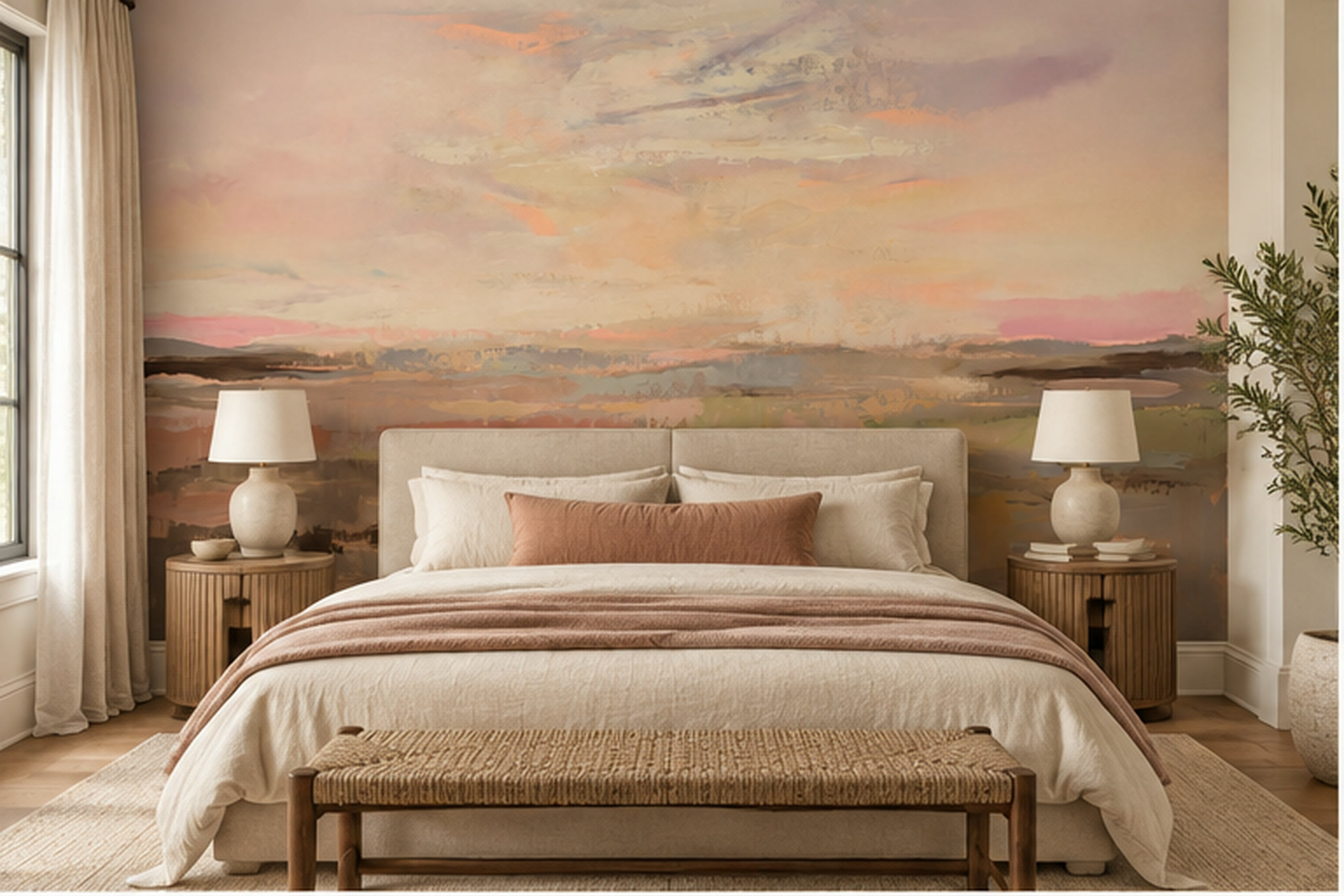 Peach Sunset Mountain Landscape Wallpaper Mural — Installed Wallpaper Mural In A Bedroom, Peel-and-stick Finish