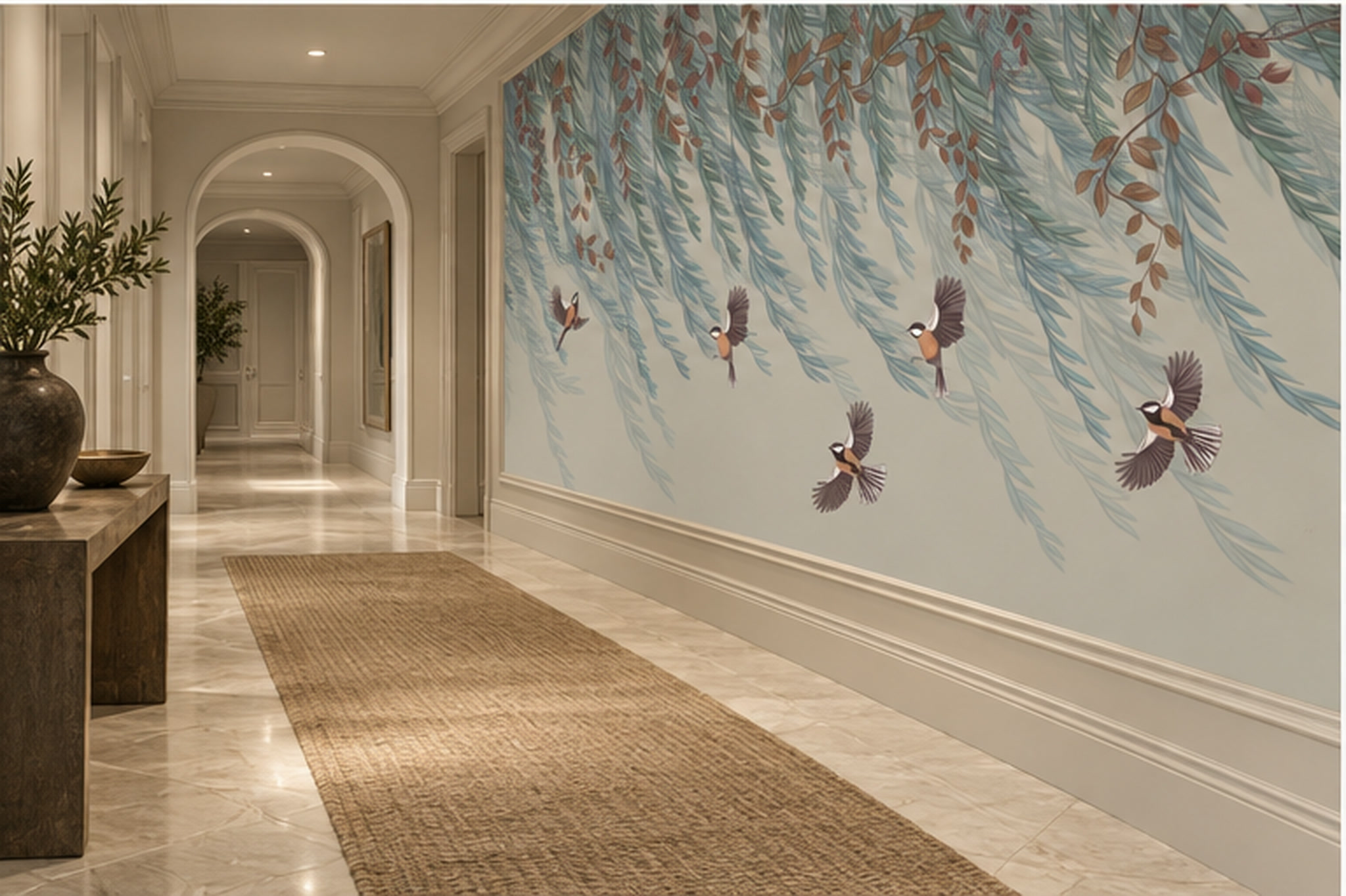 Blue Botanical Botanical Wallpaper Mural Hallway-wallpaper-murals, Peel-and-stick Finish